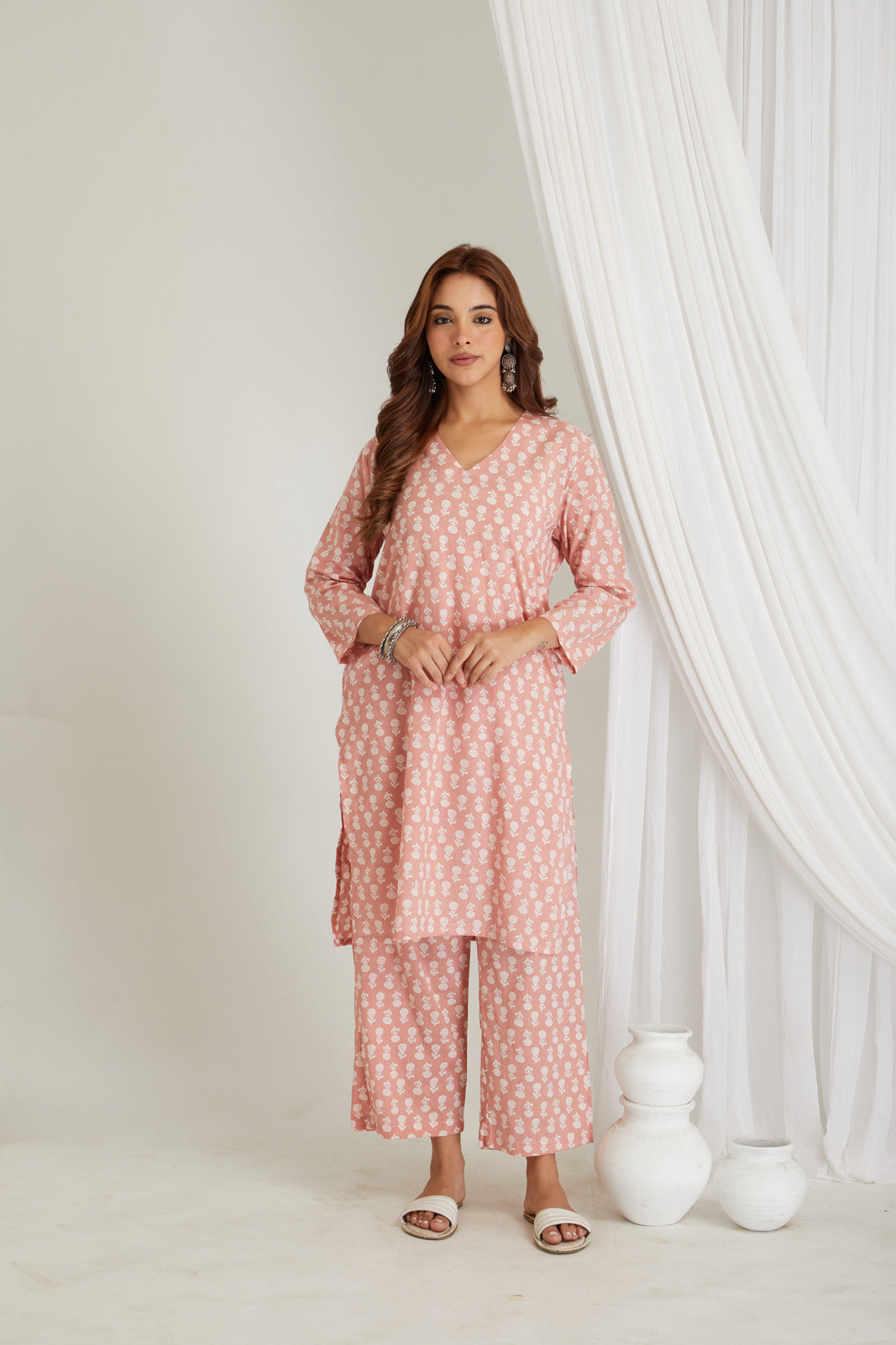 Peach Cotton Printed Loungewear Co-ord Set