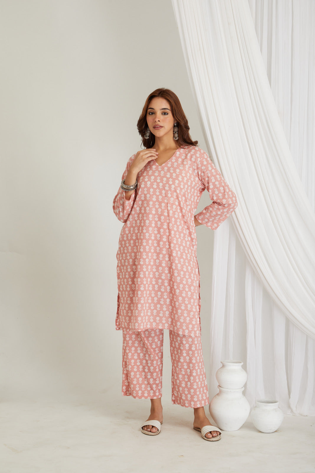 Peach Cotton Printed Loungewear Co-ord Set