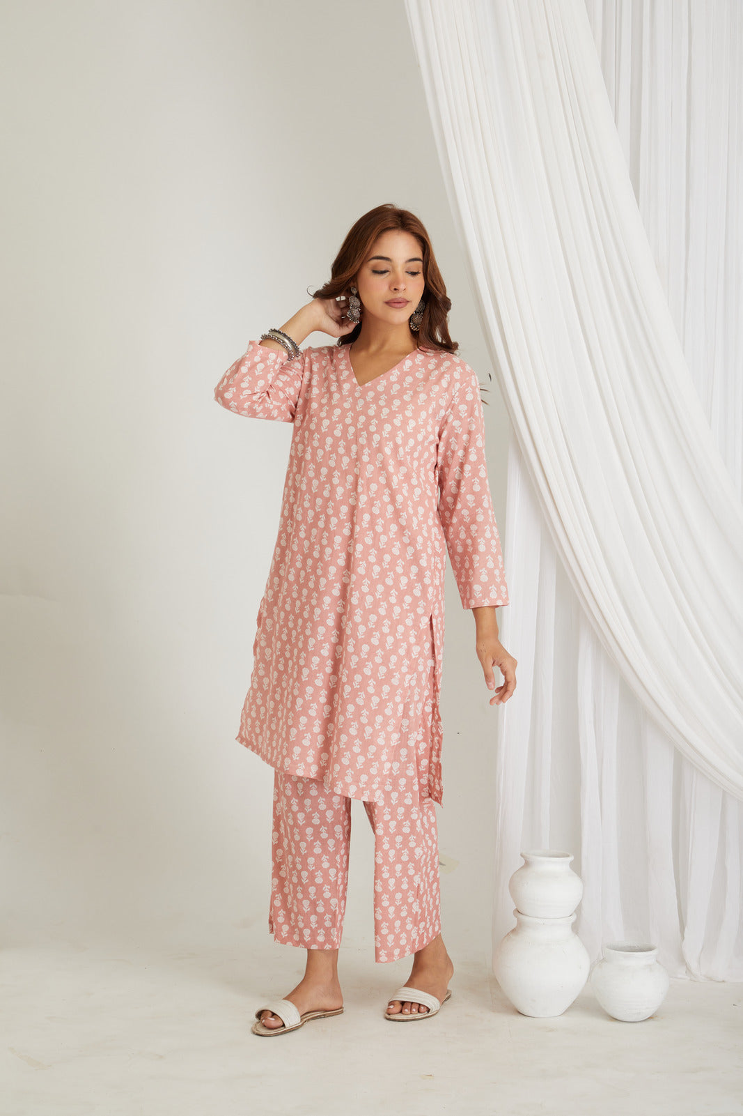 Peach Cotton Printed Loungewear Co-ord Set