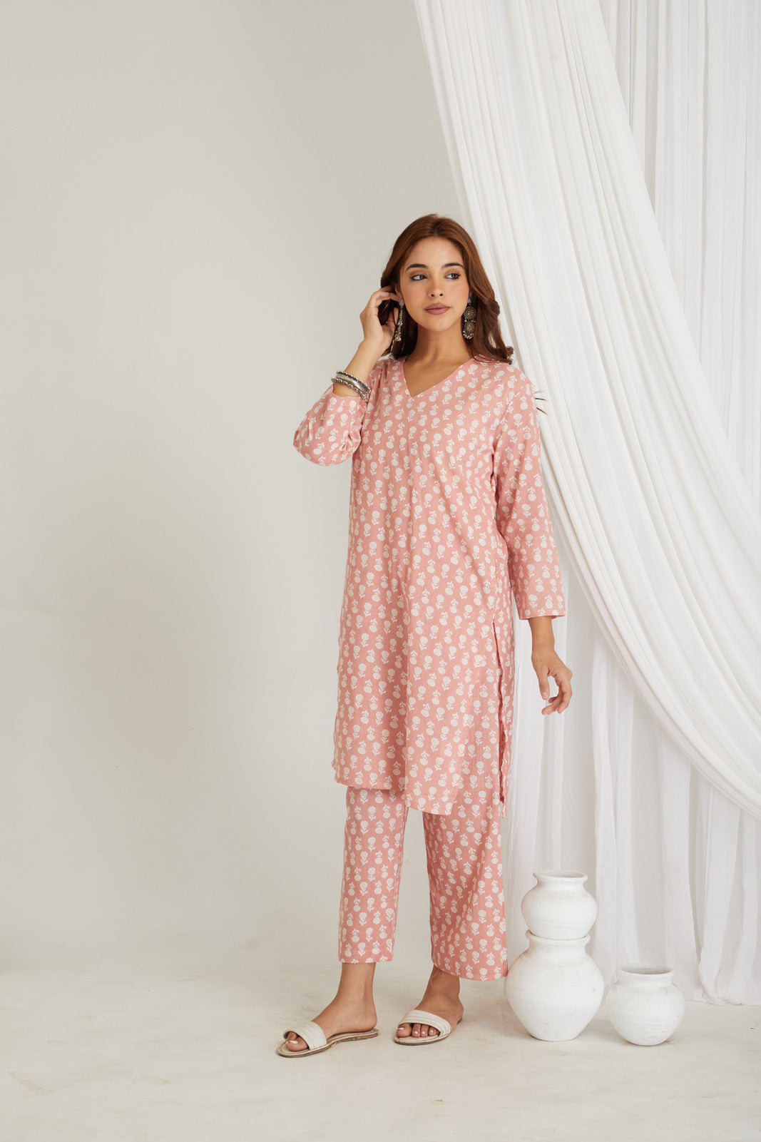 Peach Cotton Printed Loungewear Co-ord Set