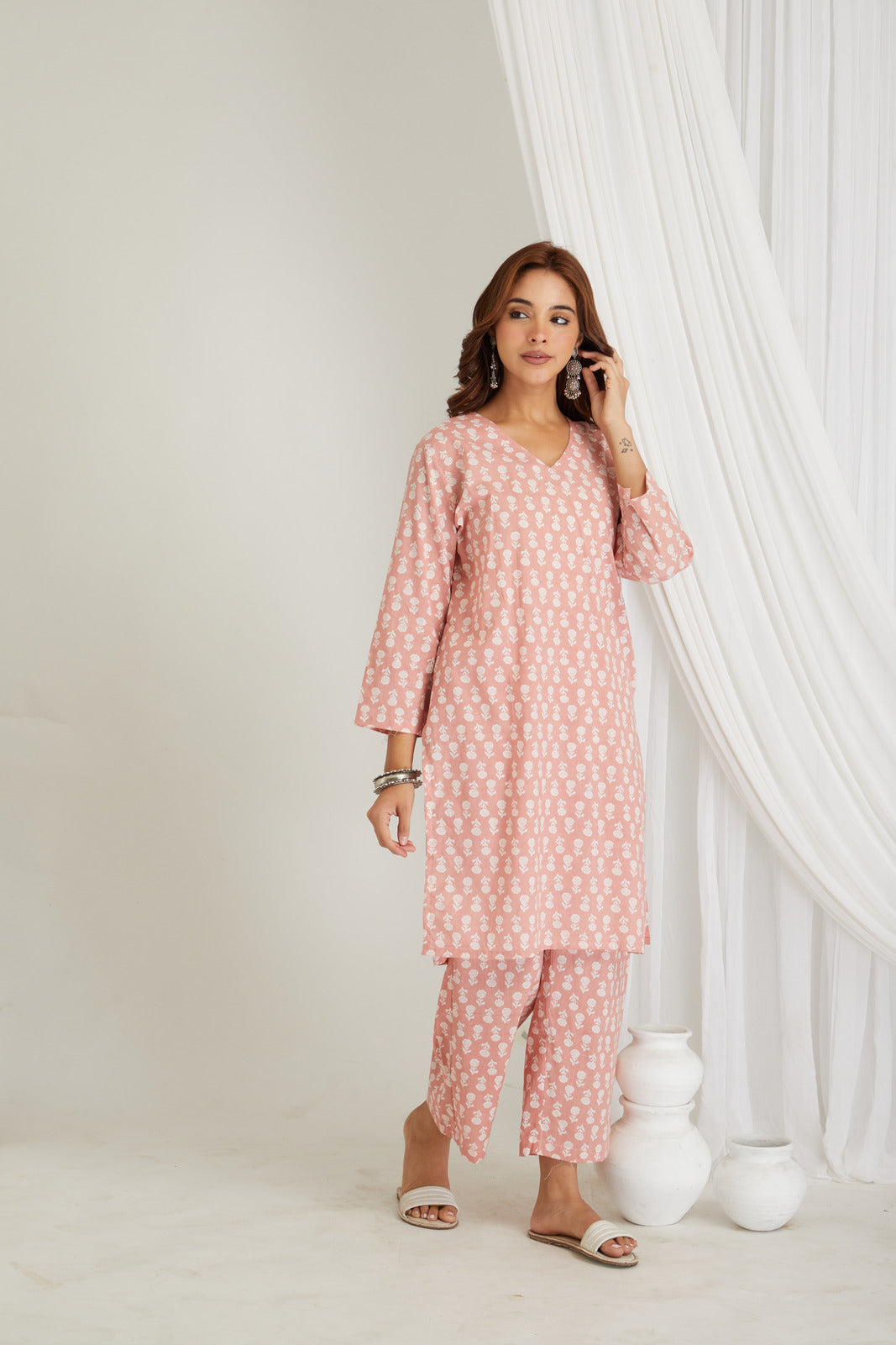 Peach Cotton Printed Loungewear Co-ord Set