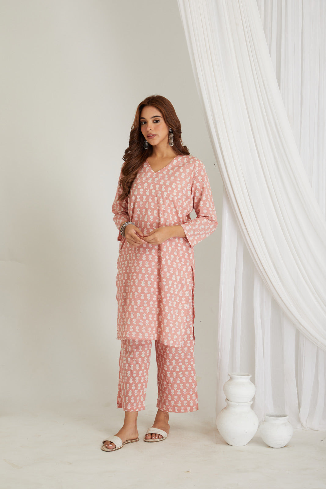 Peach Cotton Printed Loungewear Co-ord Set