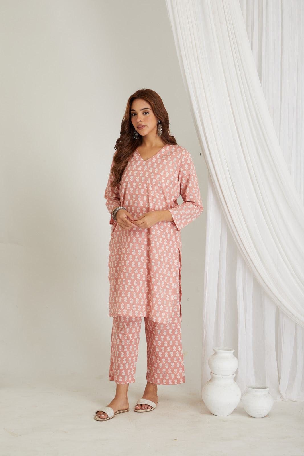 Peach Cotton Printed Loungewear Co-ord Set