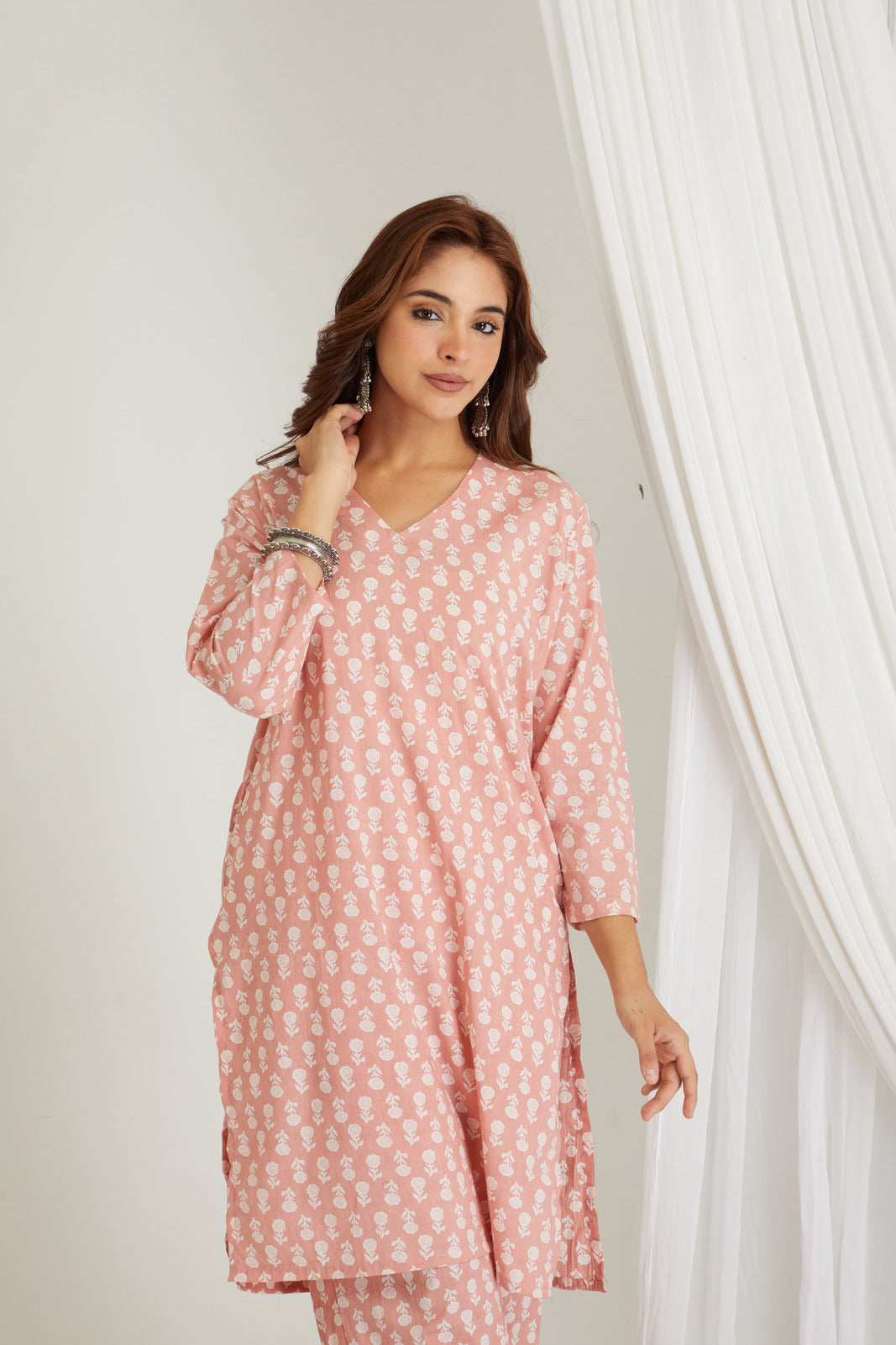 Peach Cotton Printed Loungewear Co-ord Set