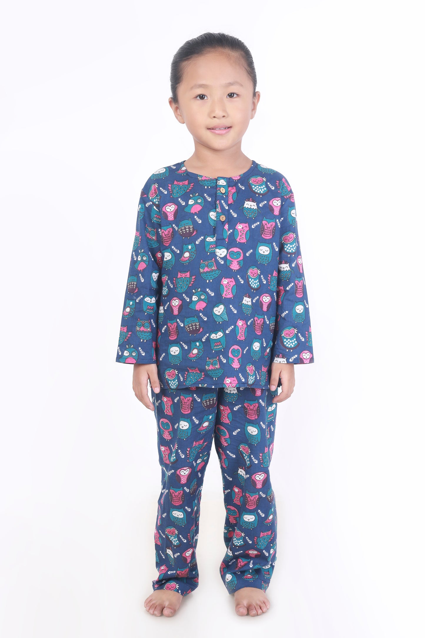 Navy Blue Cotton Owl Print Cotton Nightsuit for Kids