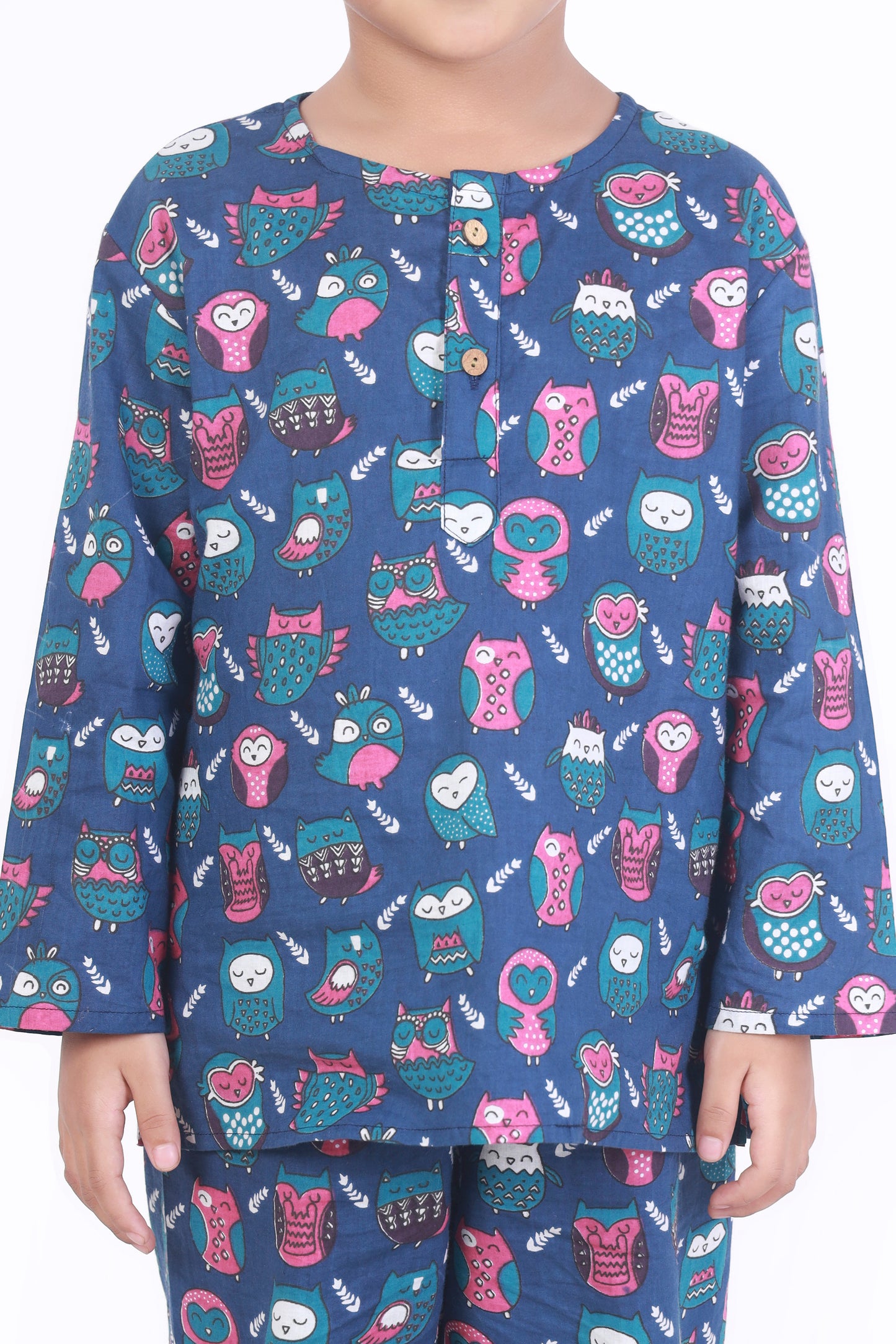 Navy Blue Cotton Owl Print Cotton Nightsuit for Kids