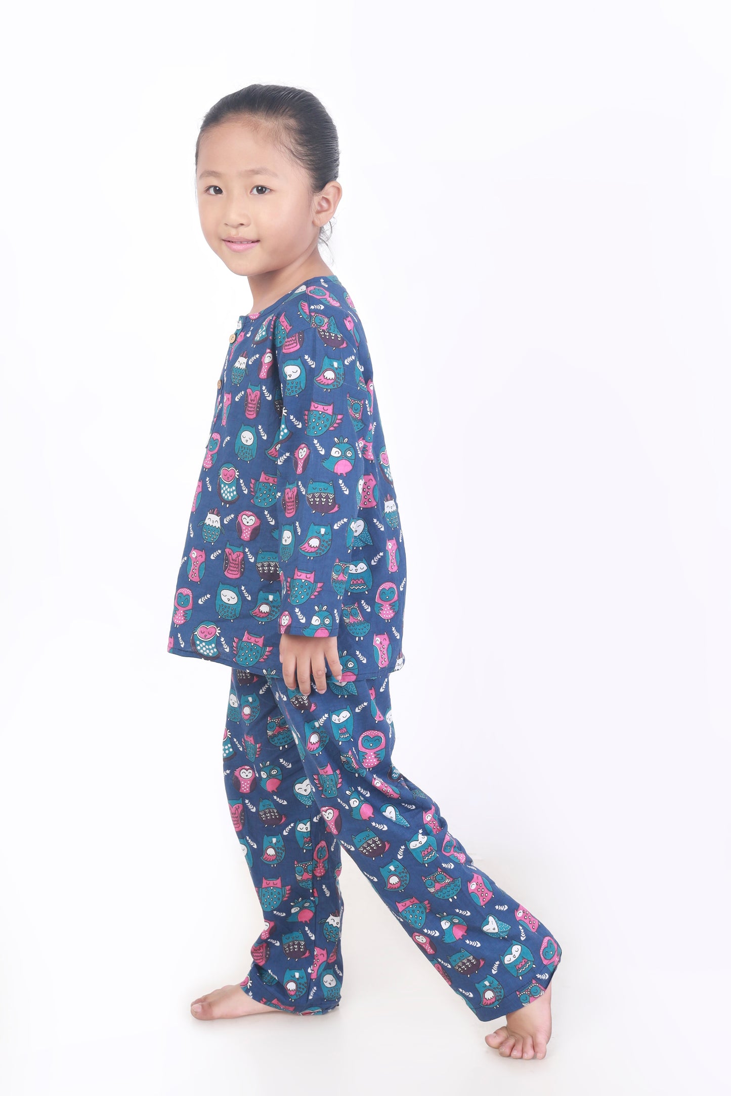 Navy Blue Cotton Owl Print Cotton Nightsuit for Kids