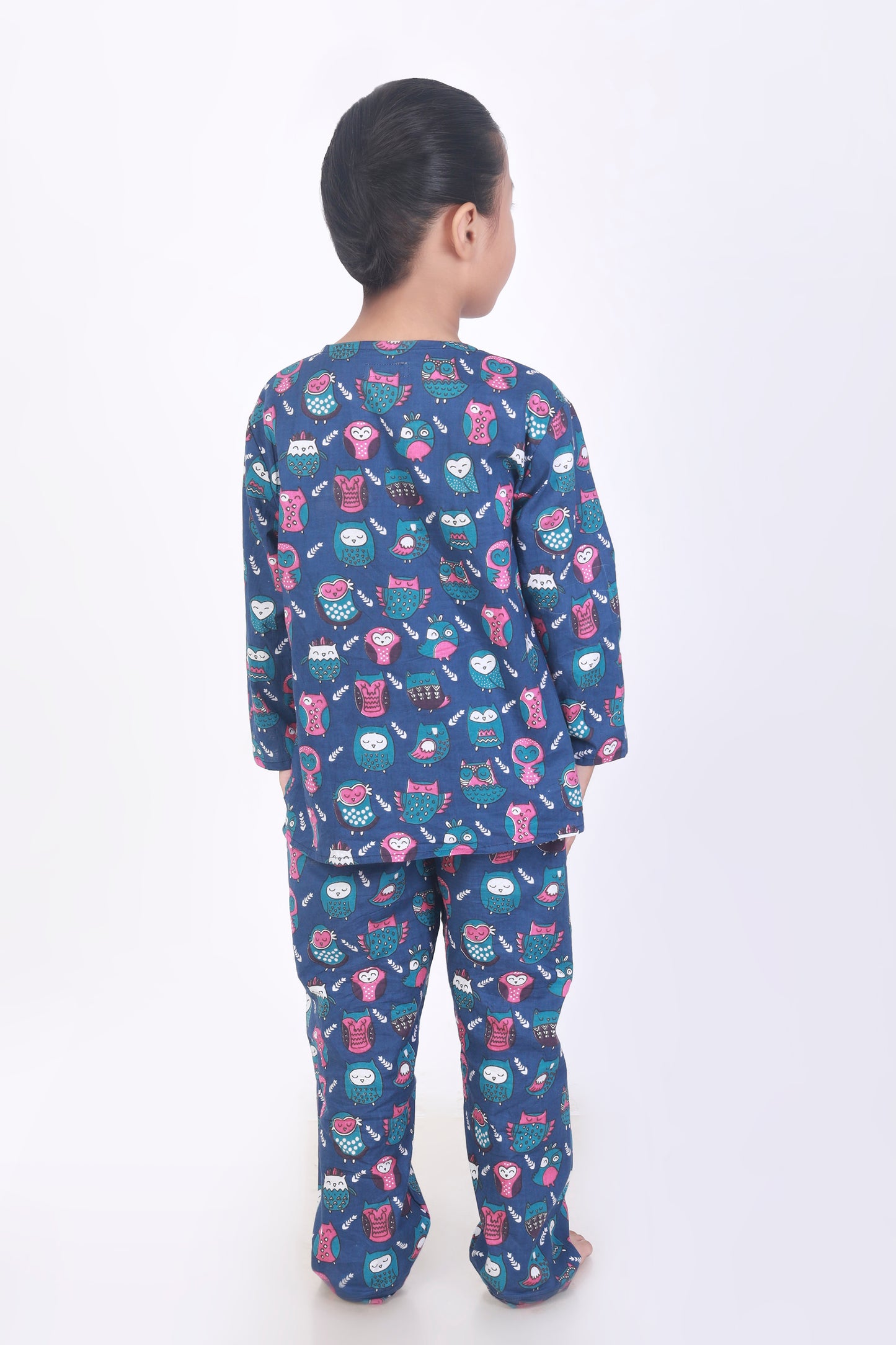 Navy Blue Cotton Owl Print Cotton Nightsuit for Kids