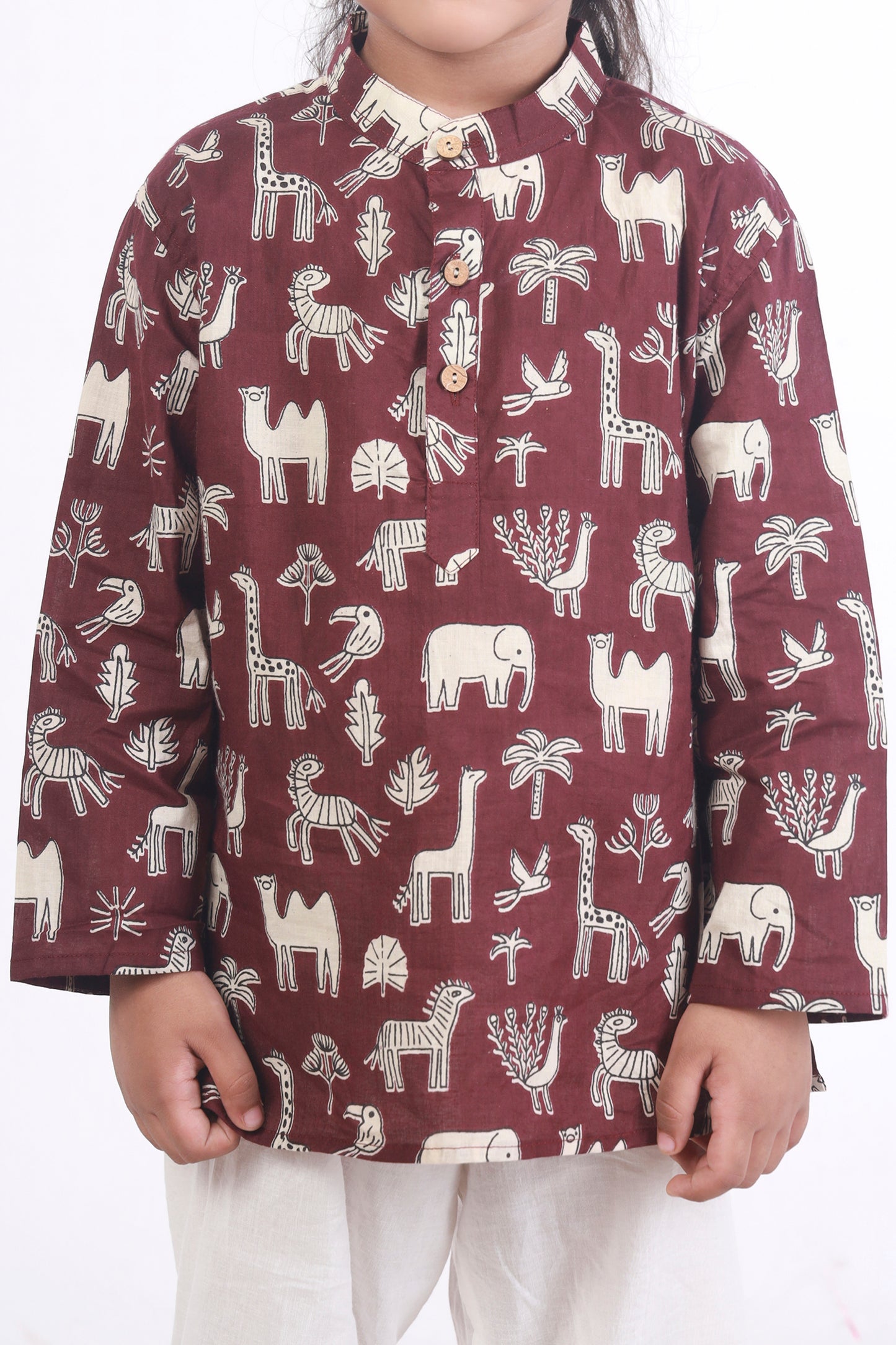 wine jungle print cotton kurta pajama nightsuit set for kids