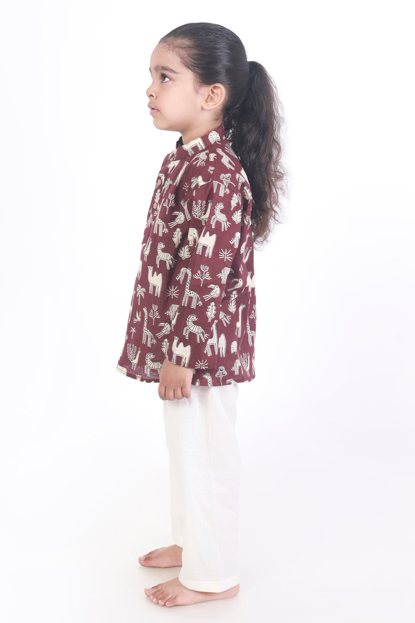 wine jungle print cotton kurta pajama nightsuit set for kids