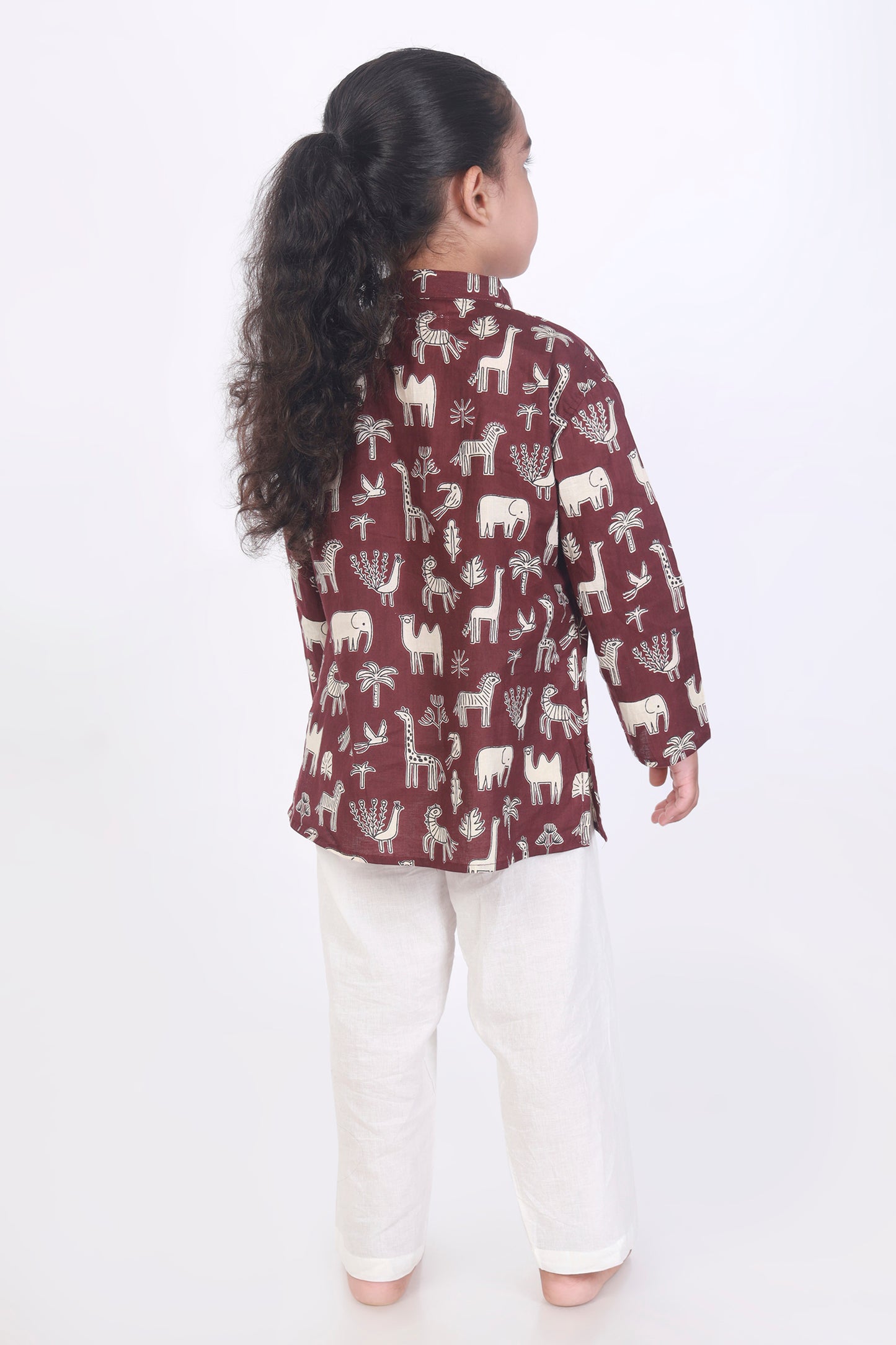 wine jungle print cotton kurta pajama nightsuit set for kids