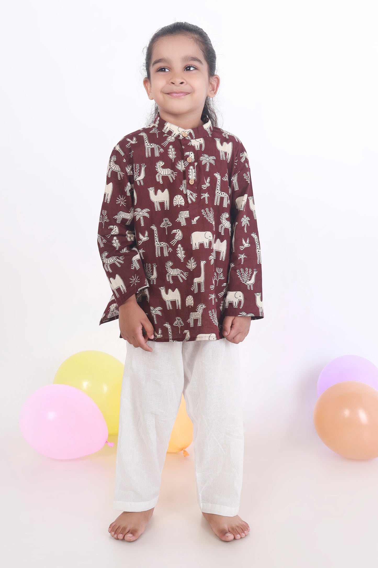 wine jungle print cotton kurta pajama nightsuit set for kids