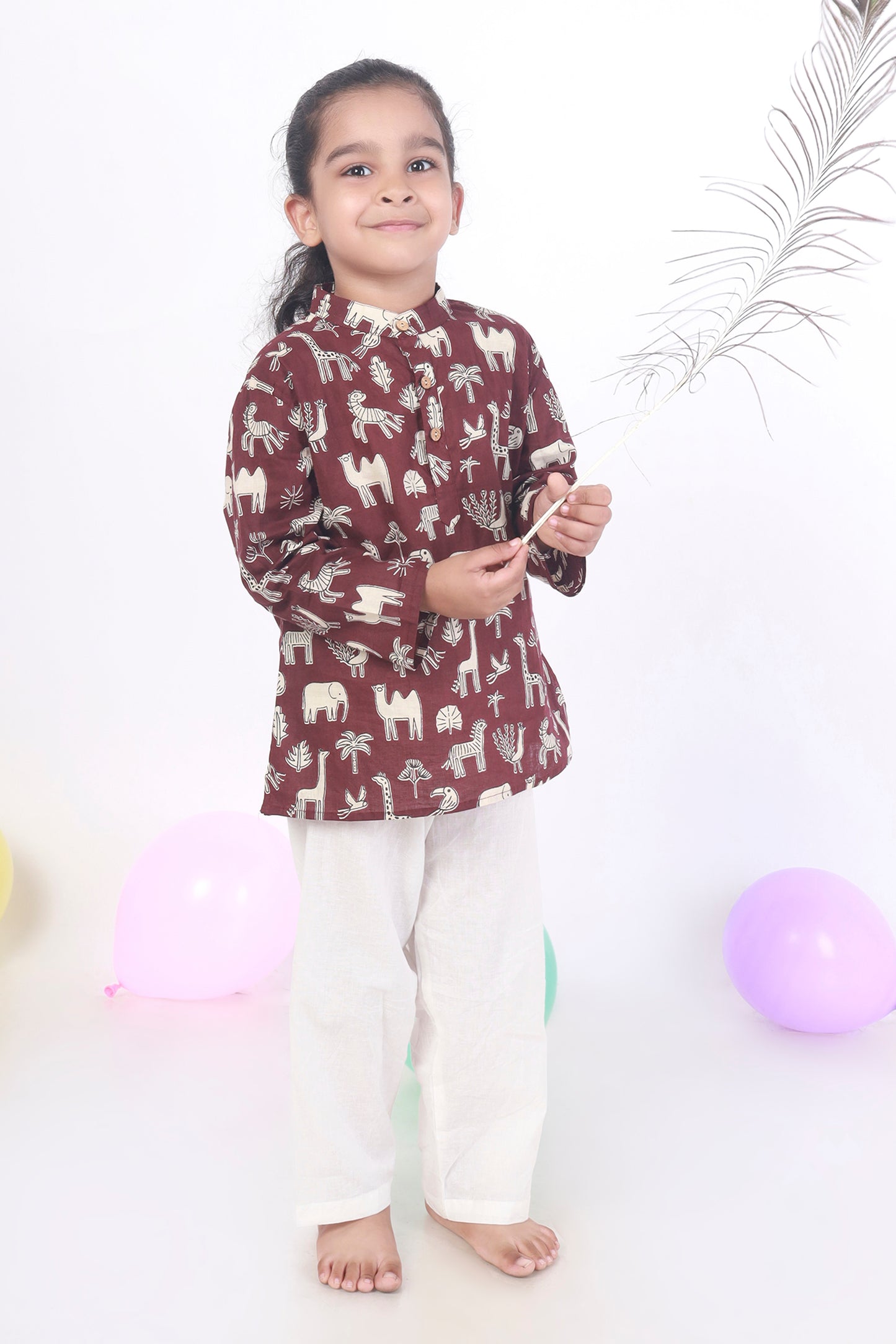 wine jungle print cotton kurta pajama nightsuit set for kids