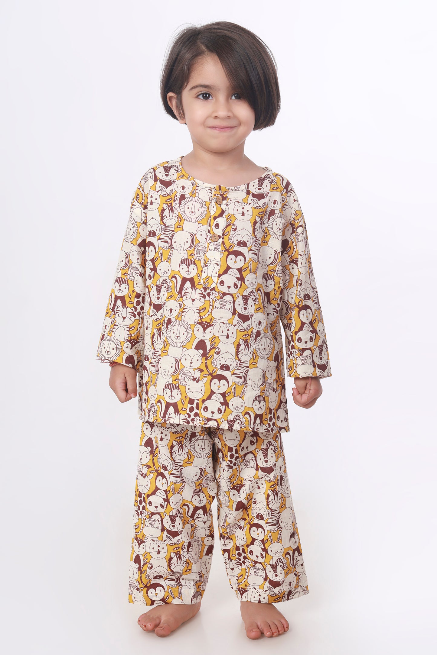 Animal jungle print cotton kurta pajama nightsuit set for kids