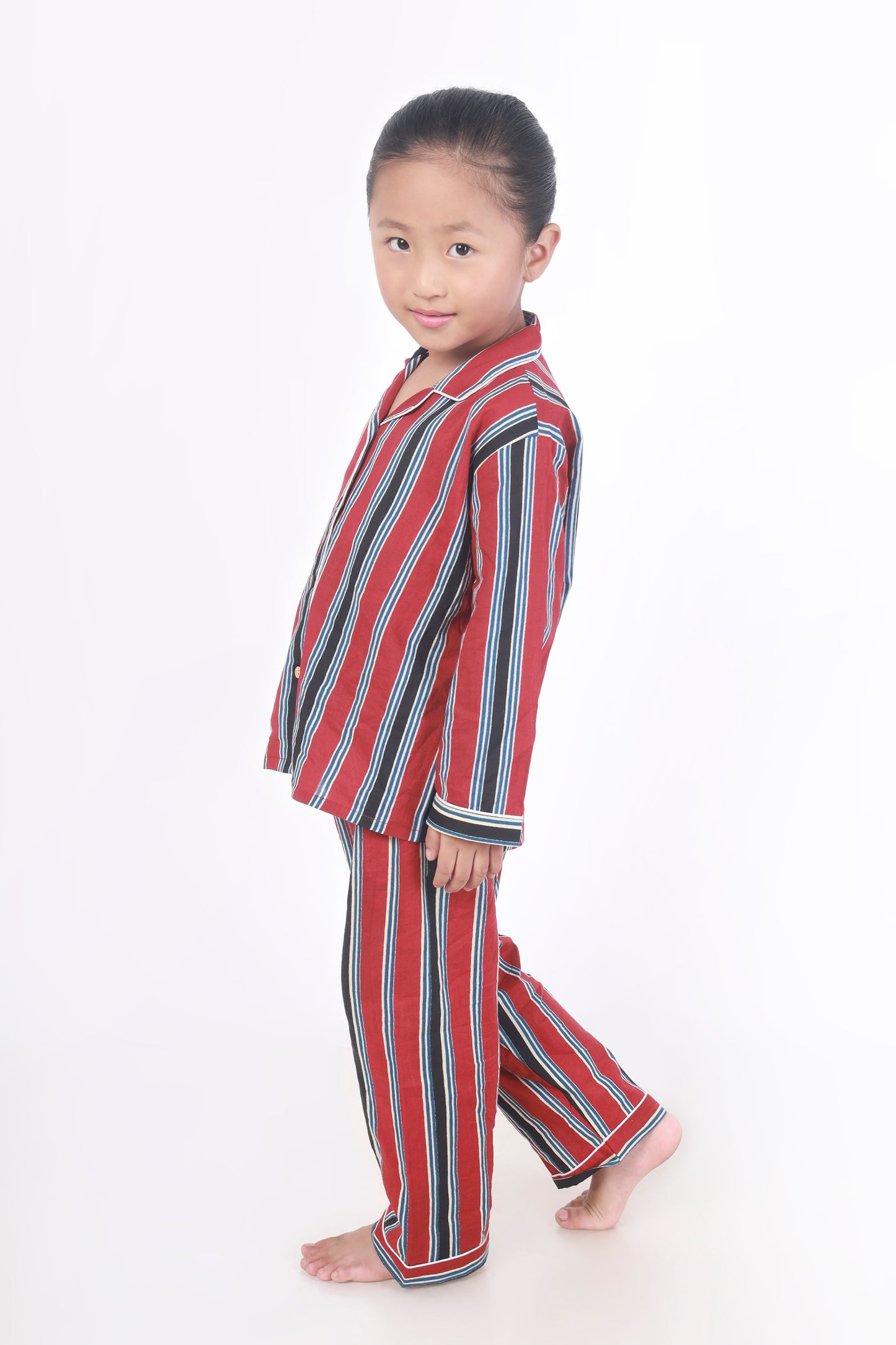 Red and Black stripe nightsuit set for kids in cotton