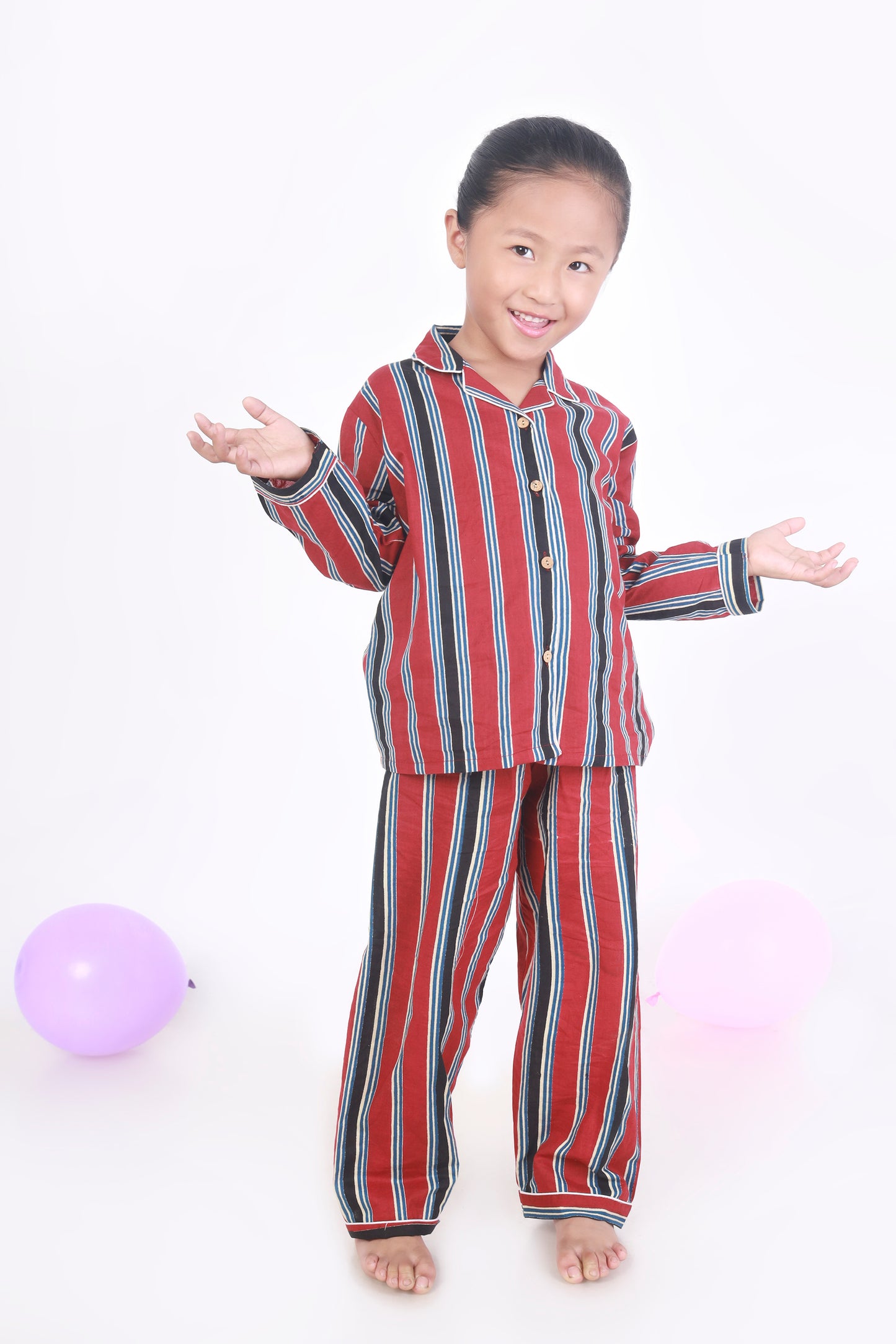 Red and Black stripe nightsuit set for kids in cotton