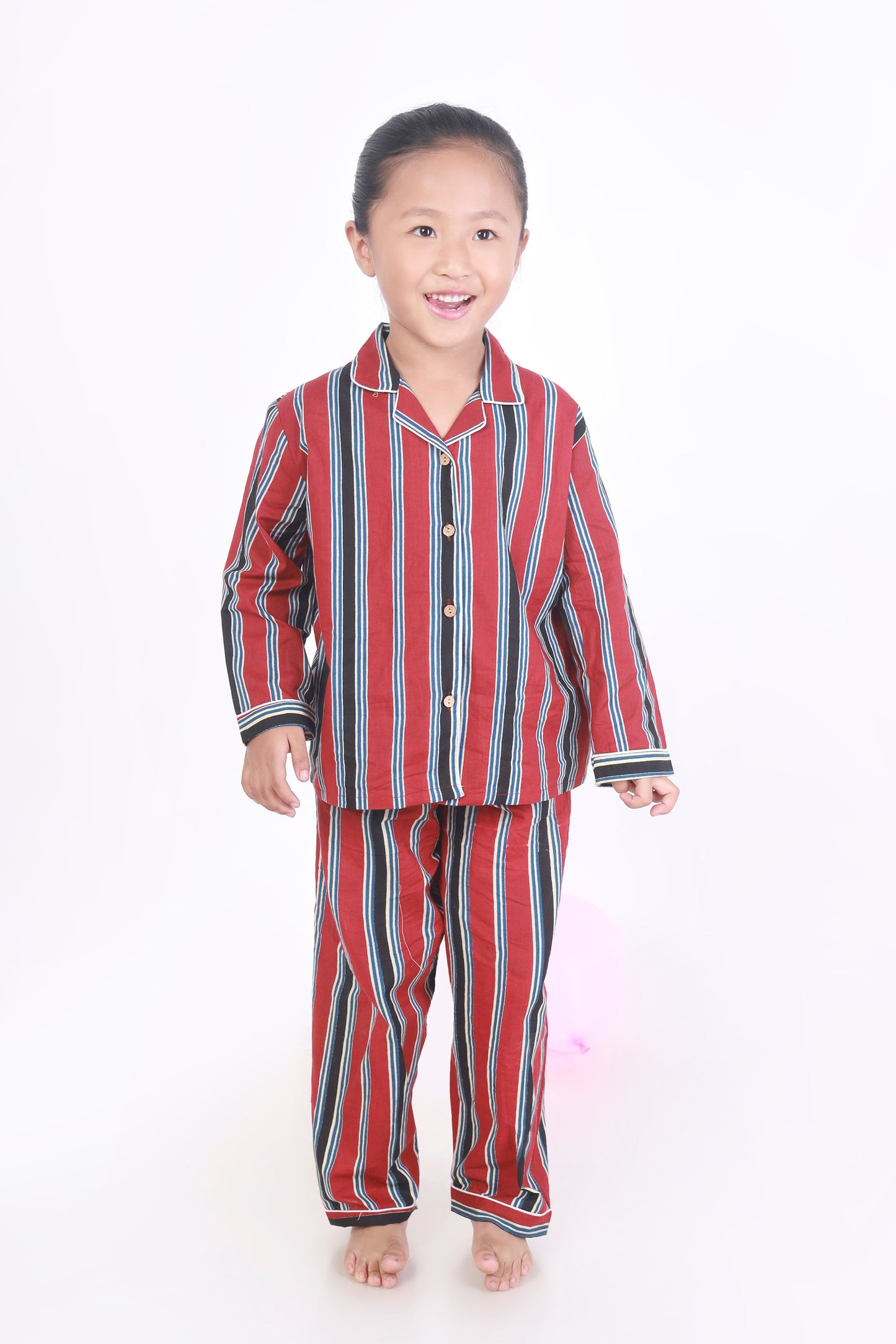 Red and Black stripe nightsuit set for kids in cotton
