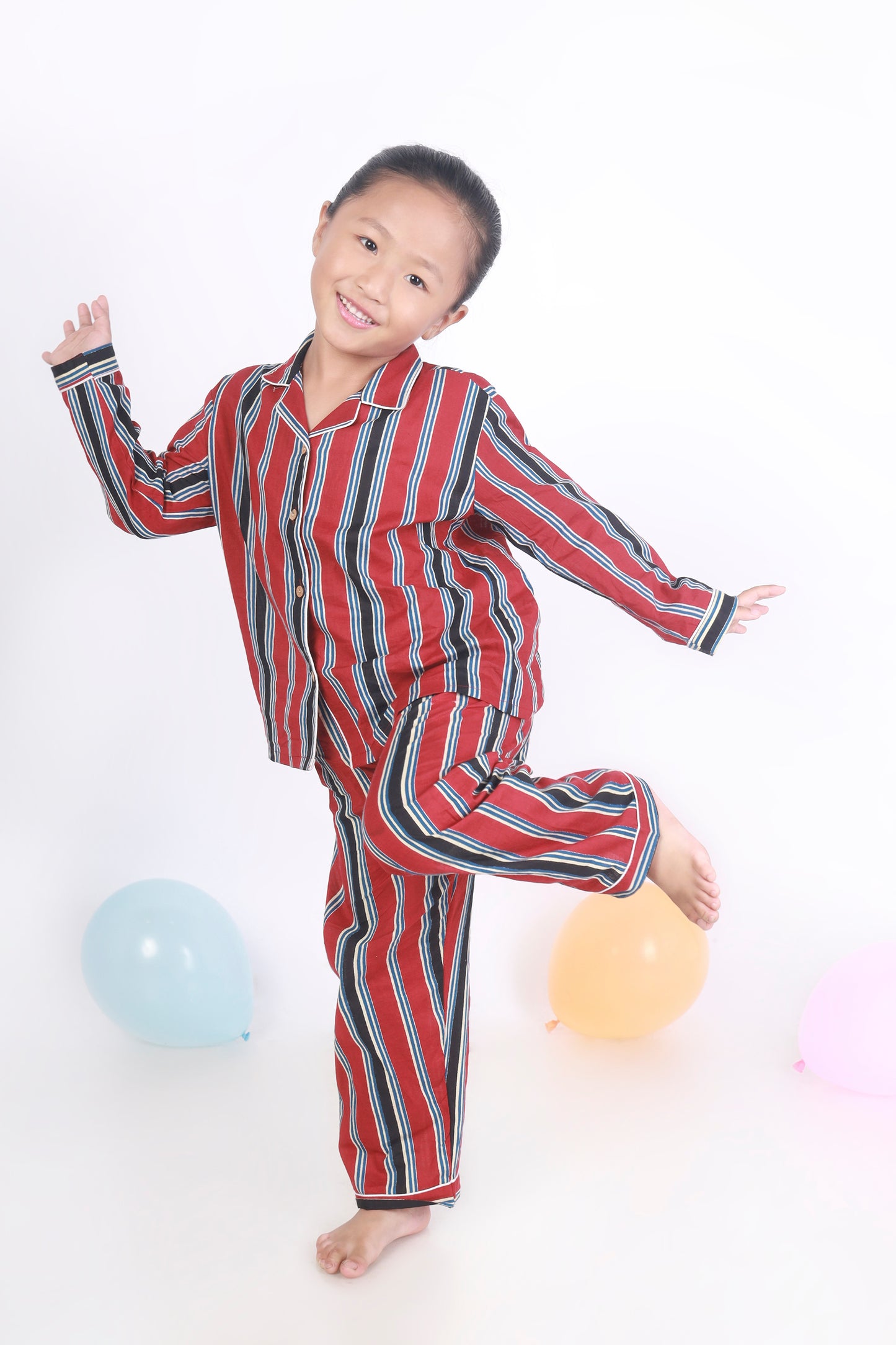 Red and Black stripe nightsuit set for kids in cotton