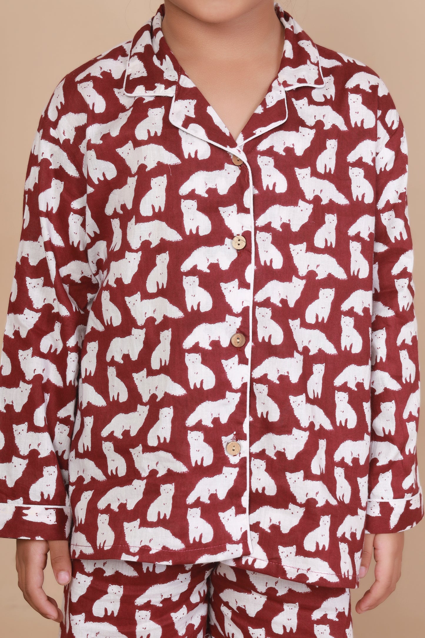 MAroon Cat shirt pajama nighsuit set for kids