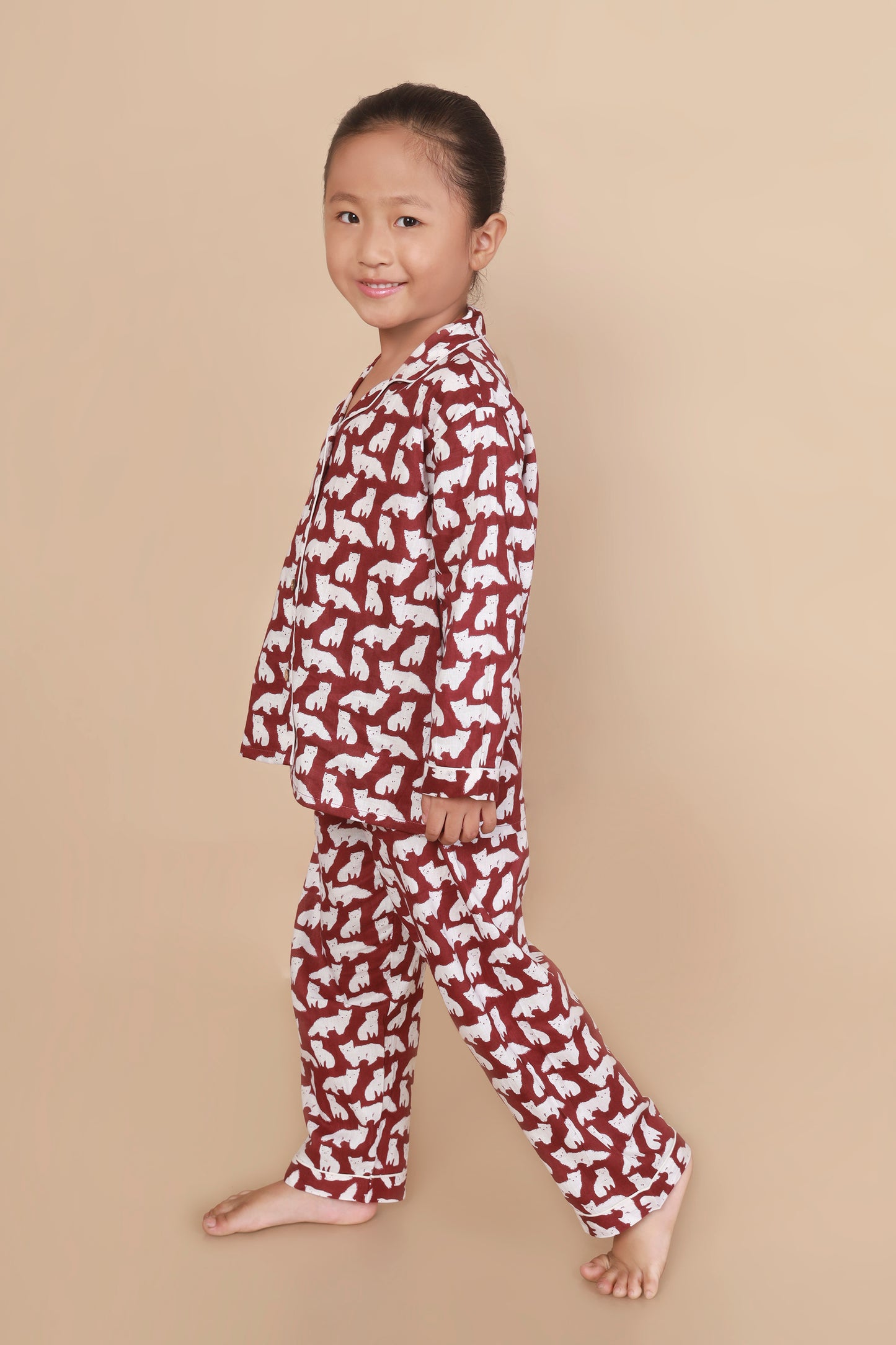 MAroon Cat shirt pajama nighsuit set for kids