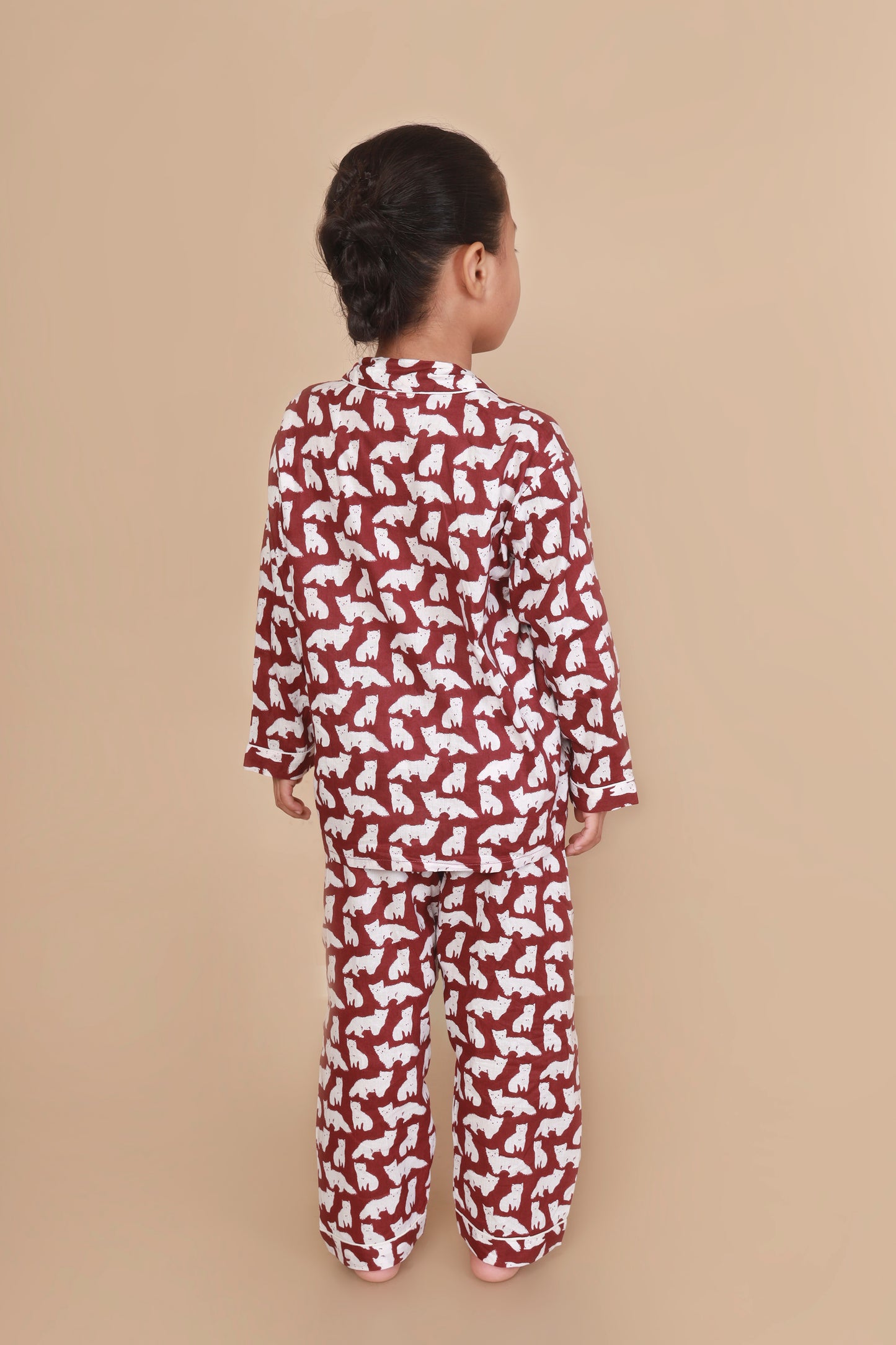 MAroon Cat shirt pajama nighsuit set for kids
