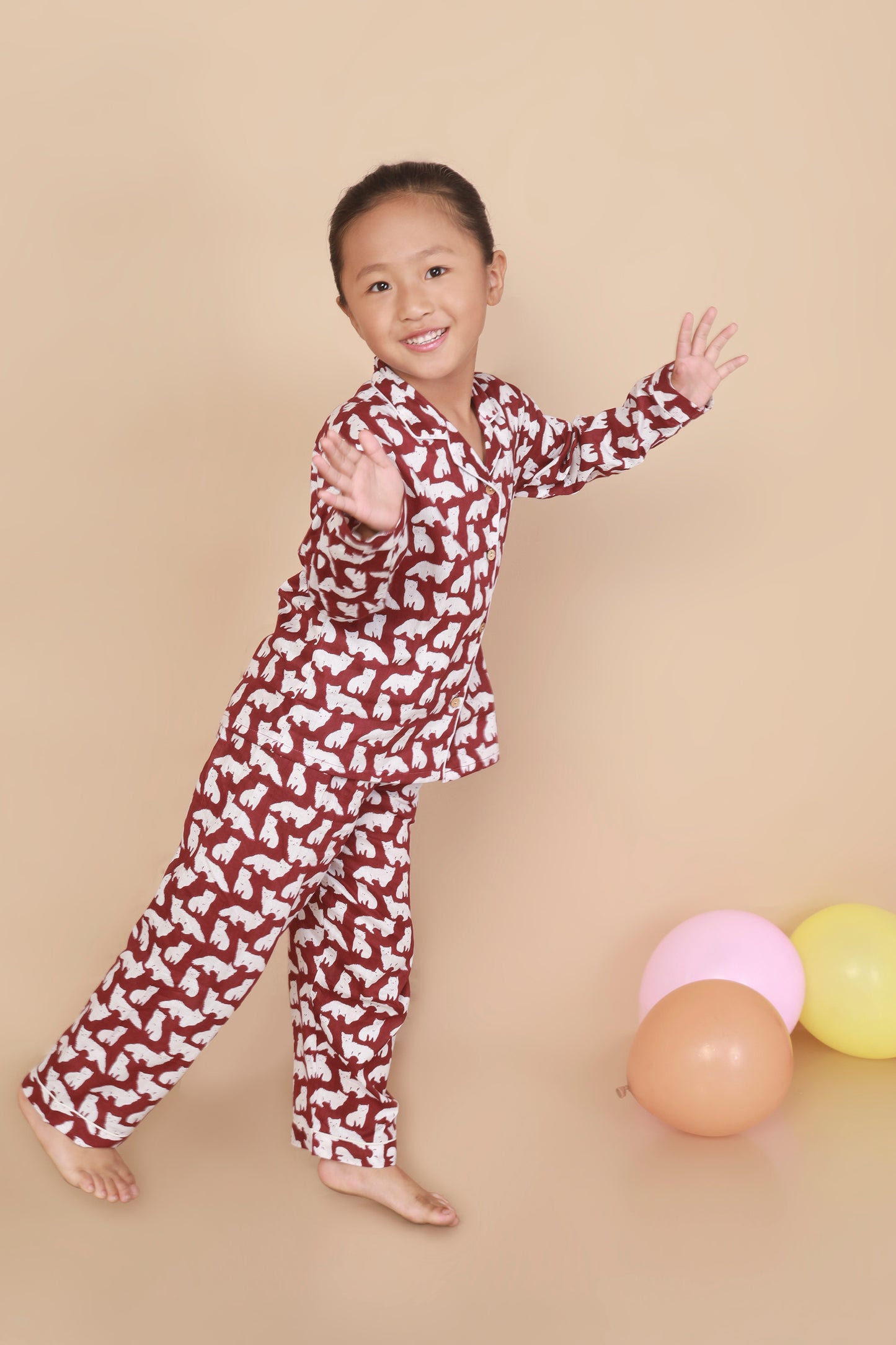MAroon Cat shirt pajama nighsuit set for kids
