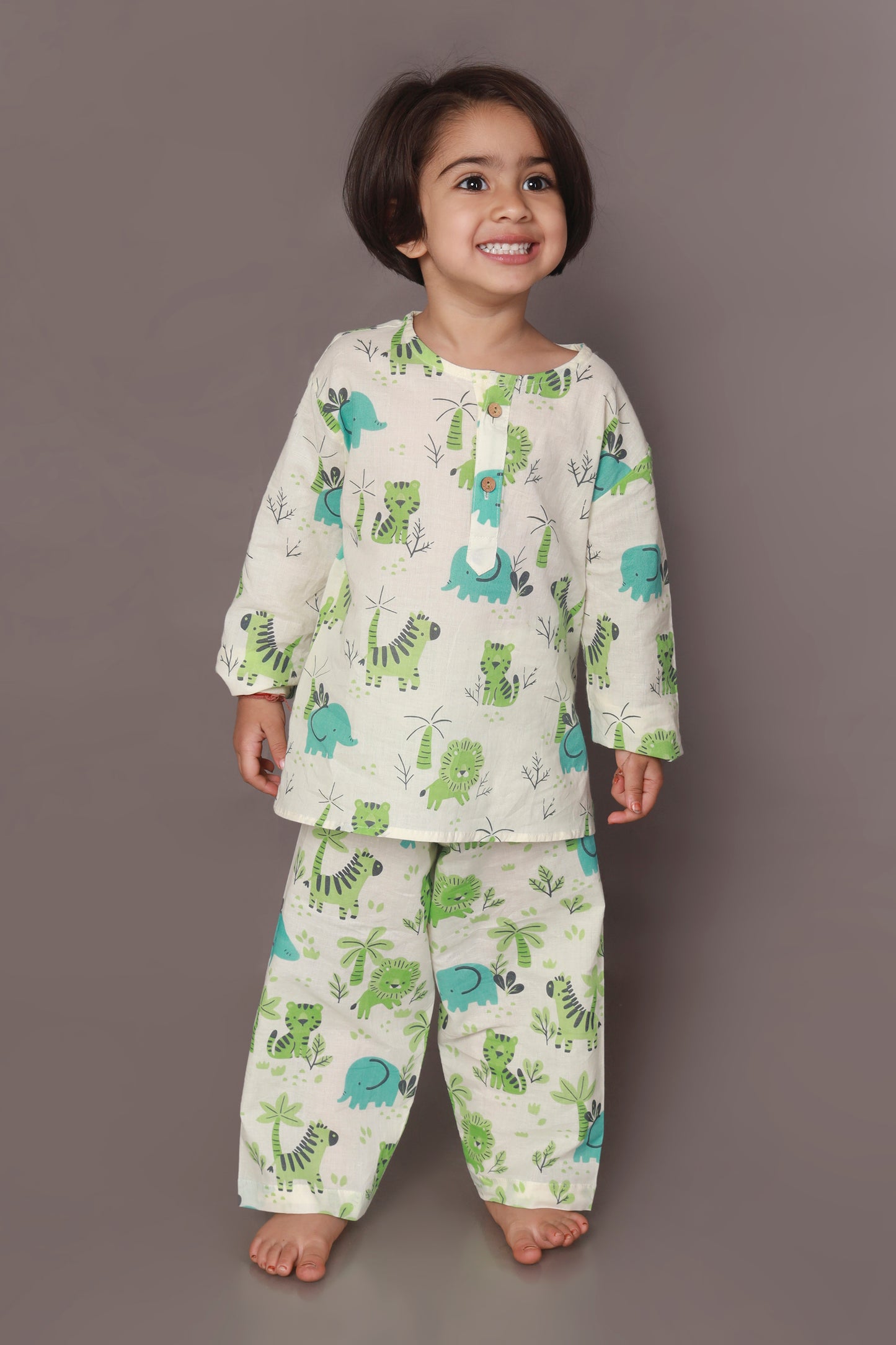tiger elephant print blue green kurta pajama nightsuit set for kids
