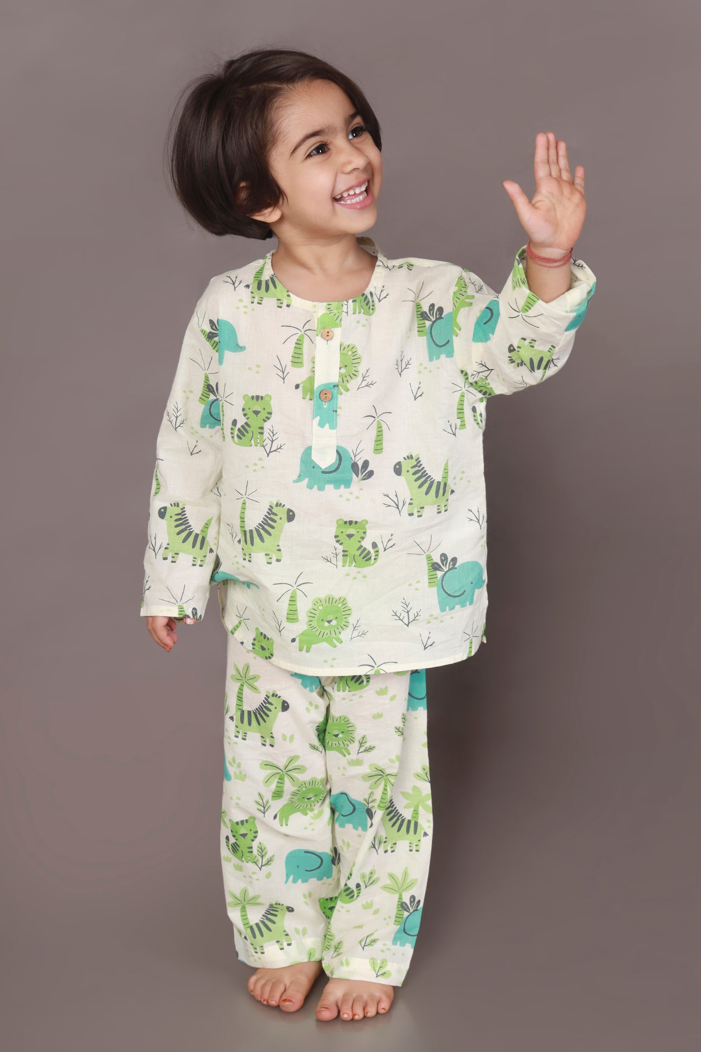 tiger elephant print blue green kurta pajama nightsuit set for kids