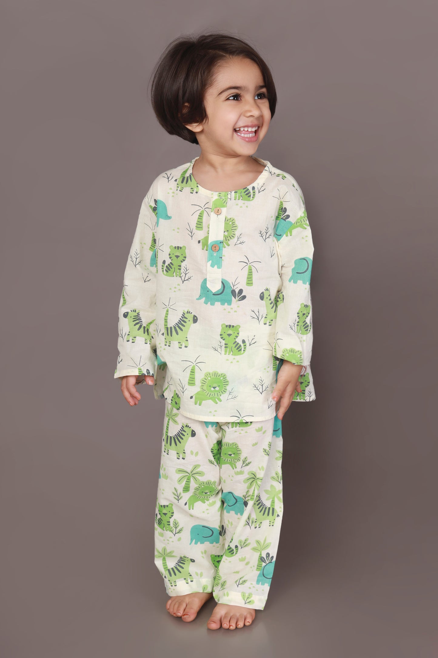 tiger elephant print blue green kurta pajama nightsuit set for kids