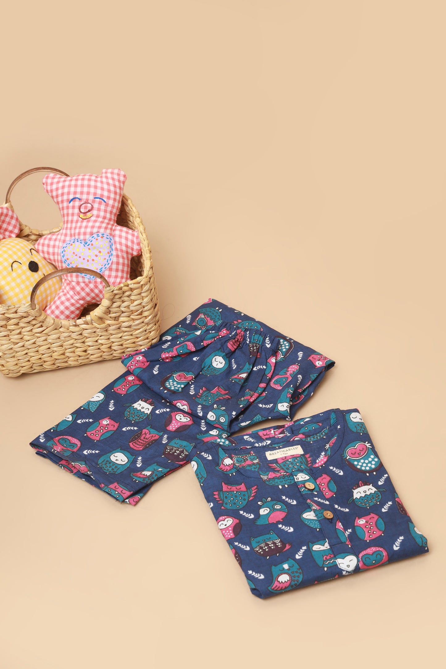 Navy Blue Cotton Owl Print Cotton Nightsuit for Kids