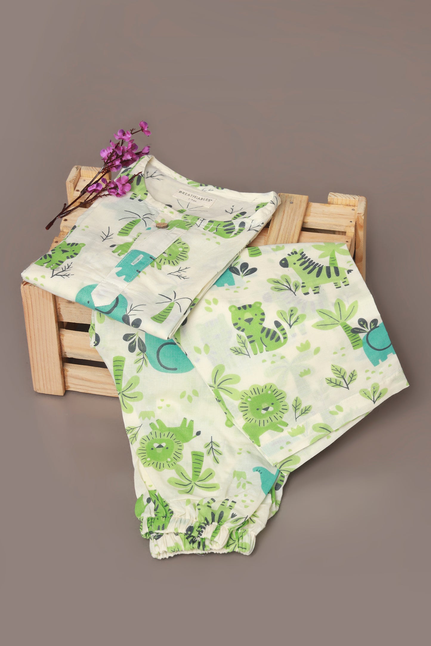 tiger elephant print blue green kurta pajama nightsuit set for kids