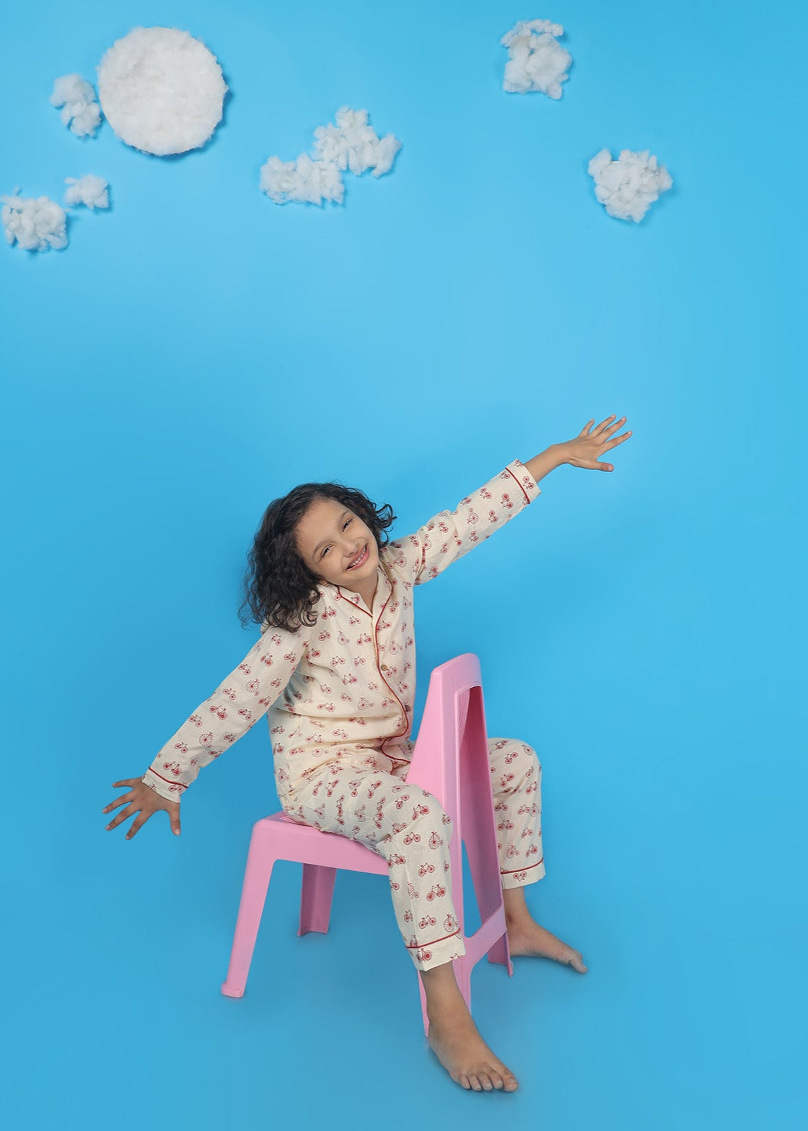 Kids cotton nightsuit with cycle print – Cream full-sleeve shirt and pants co-ord set for boys and girls. Soft, breathable, and comfortable nightwear for kids