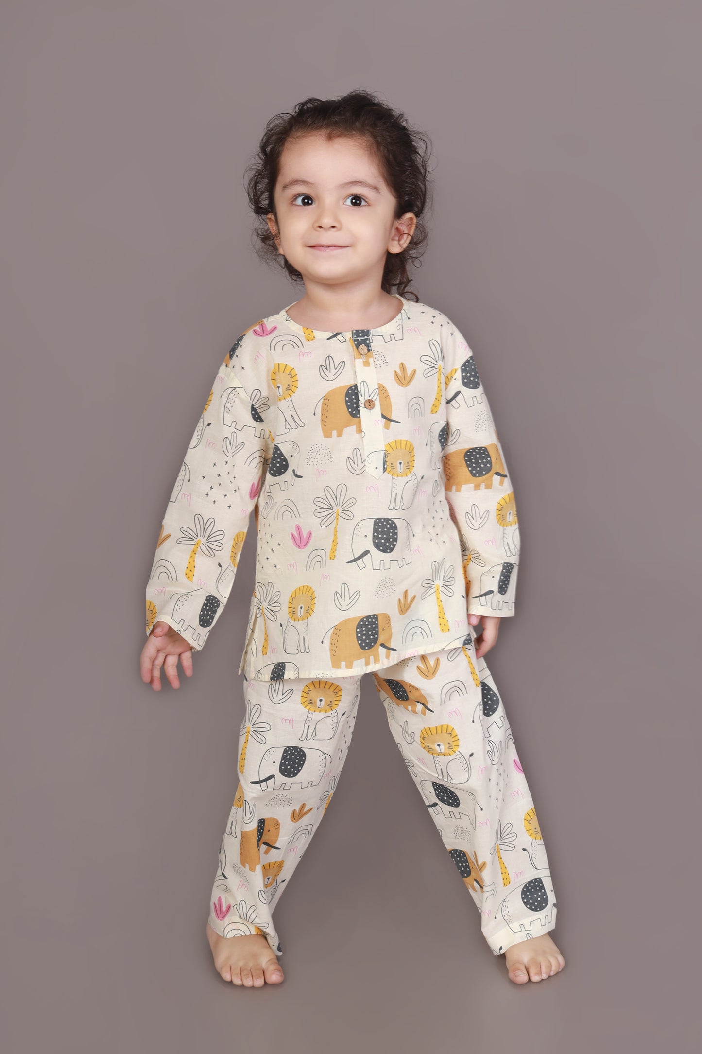White Animal Print Cotton Nightsuit Set for Kids