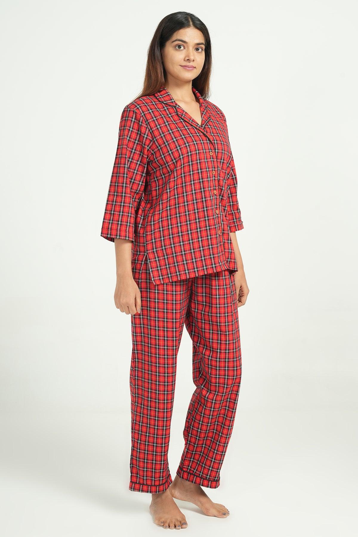 Red Cotton Checks Night Suit - Main Image