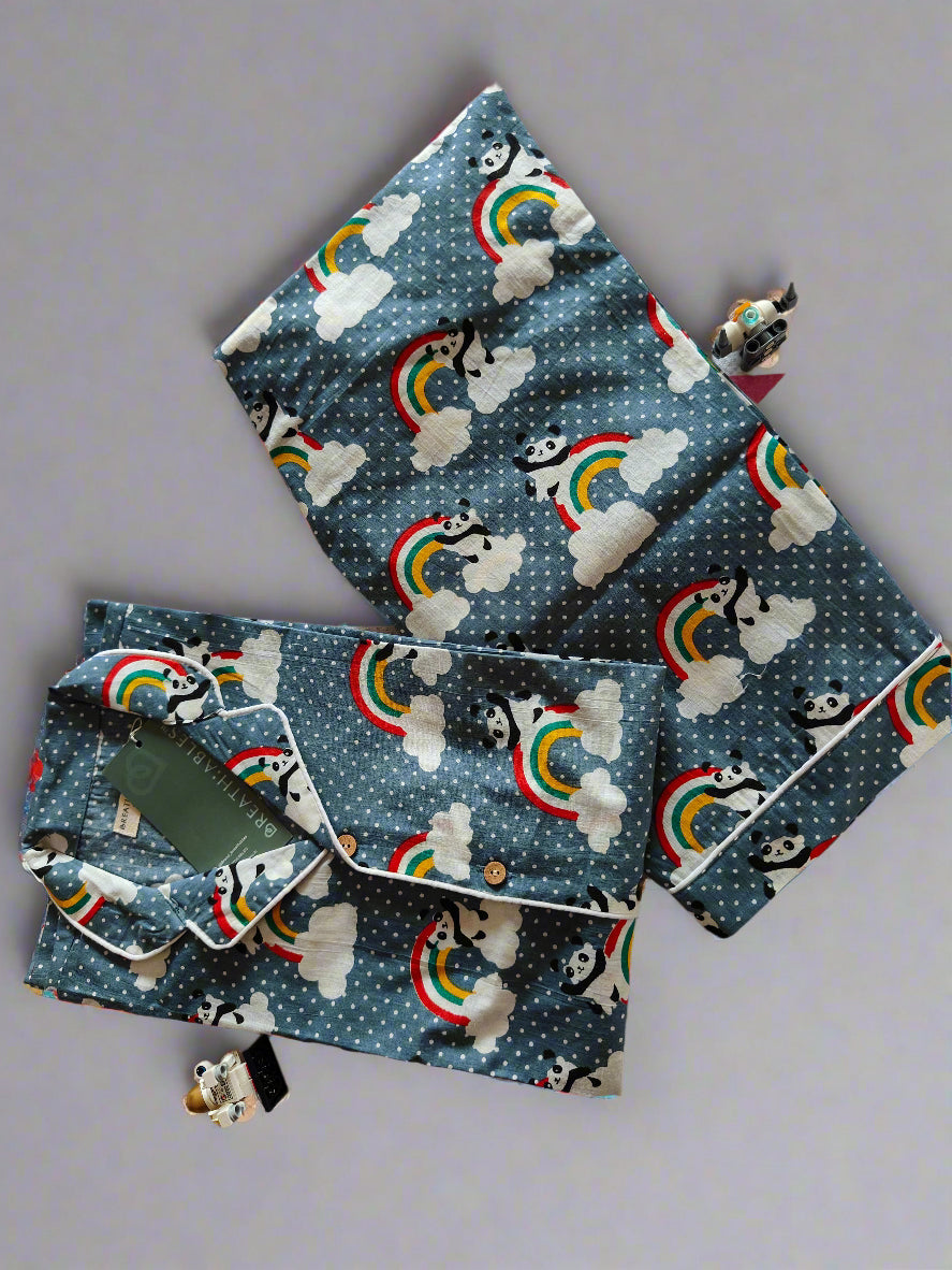 Kids cotton nightsuit with rainbow panda print – grey full-sleeve shirt and pants co-ord set for boys and girls. Soft, breathable, and comfortable nightwear for kids