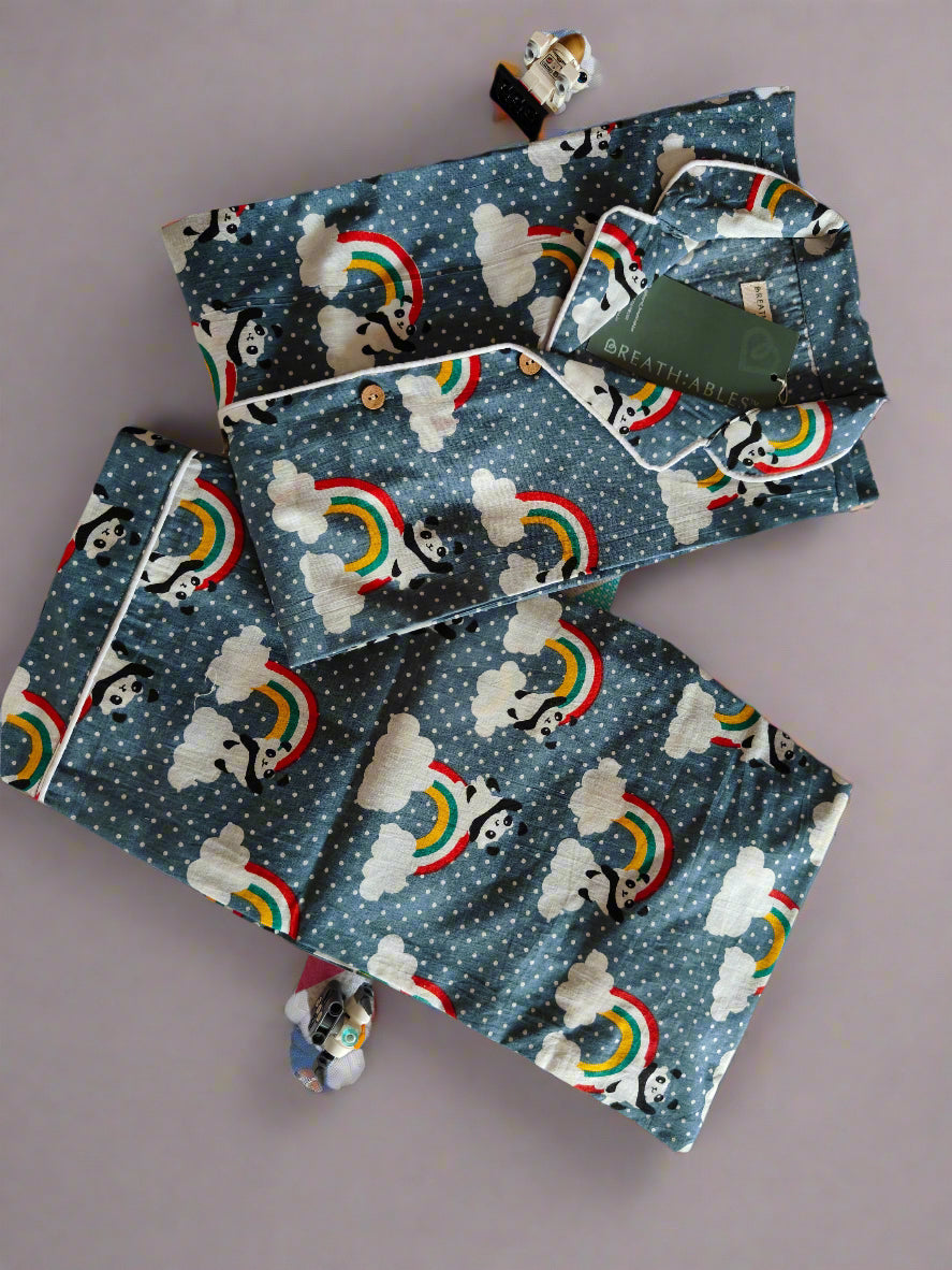 Kids cotton nightsuit with rainbow panda print – grey full-sleeve shirt and pants co-ord set for boys and girls. Soft, breathable, and comfortable nightwear for kids