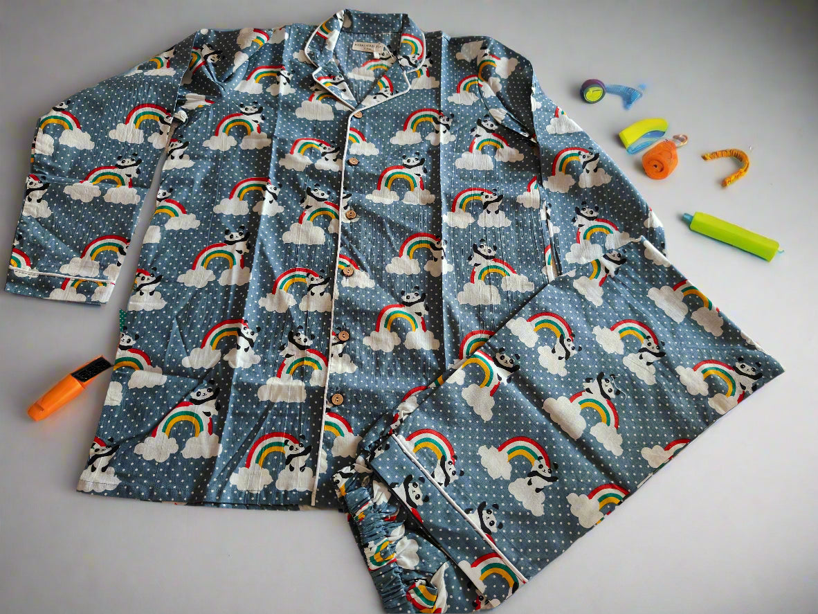 Kids Cotton Rainbow Panda Print Nightsuit – Grey Full Sleeves Shirt & Pant Co-ord Set | Nightwear
