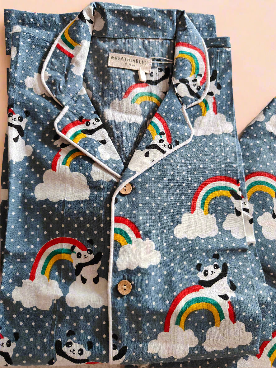 Kids cotton nightsuit with rainbow panda print – grey full-sleeve shirt and pants co-ord set for boys and girls. Soft, breathable, and comfortable nightwear for kids