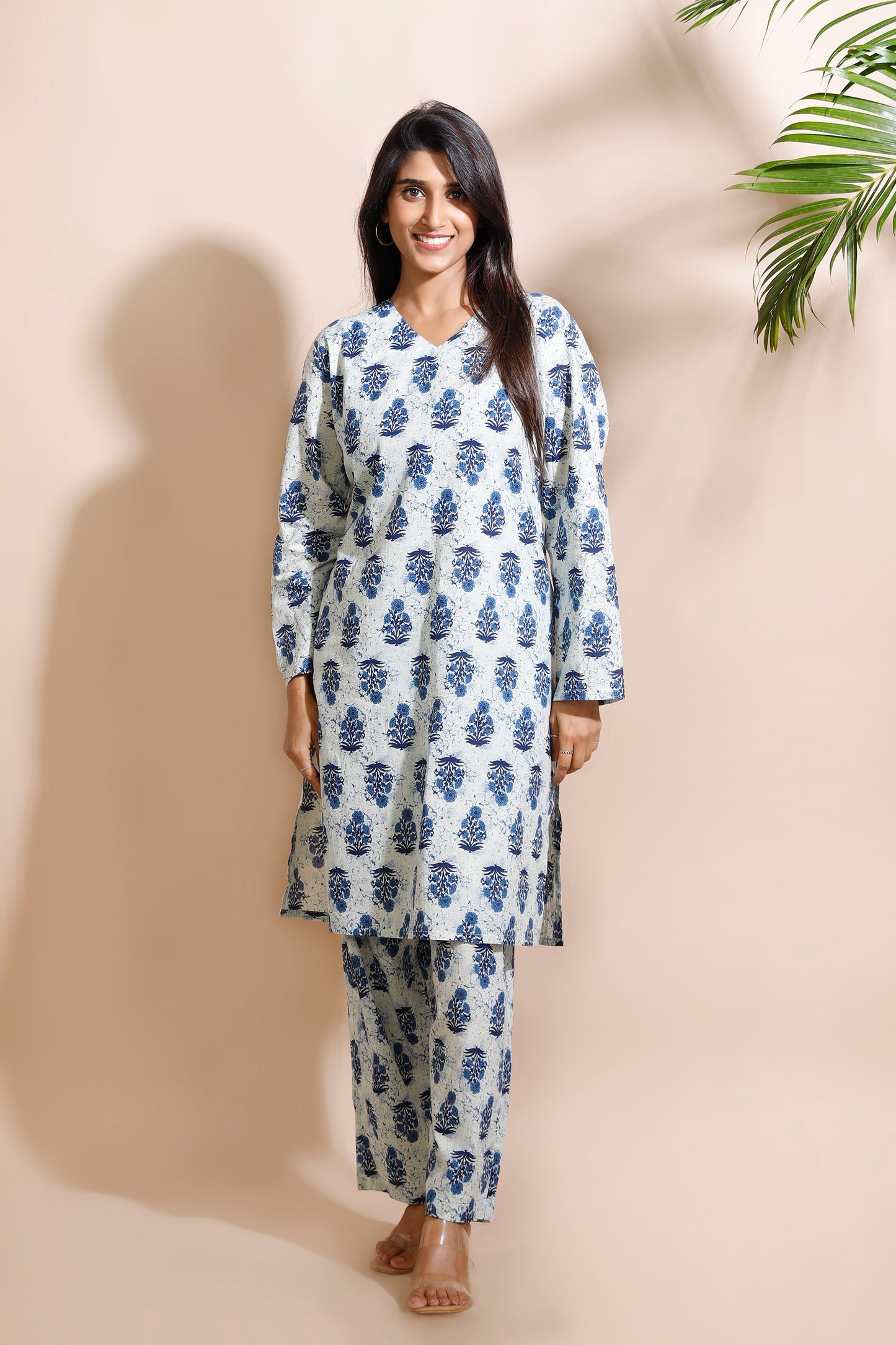 Cream Cotton Indian Motif Butta Loungewear Co-ord Set