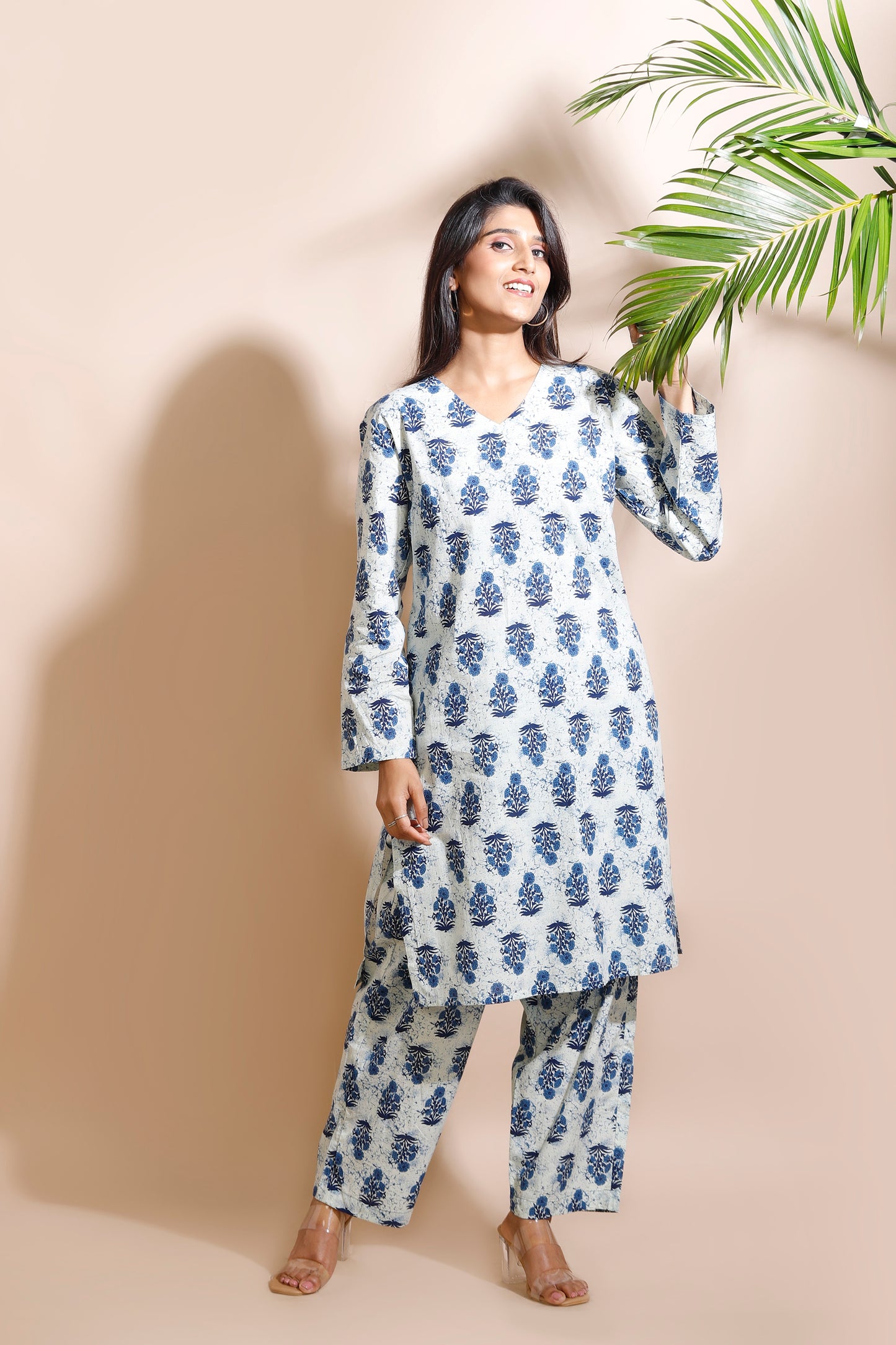 Cream Cotton Indian Motif Butta Loungewear Co-ord Set