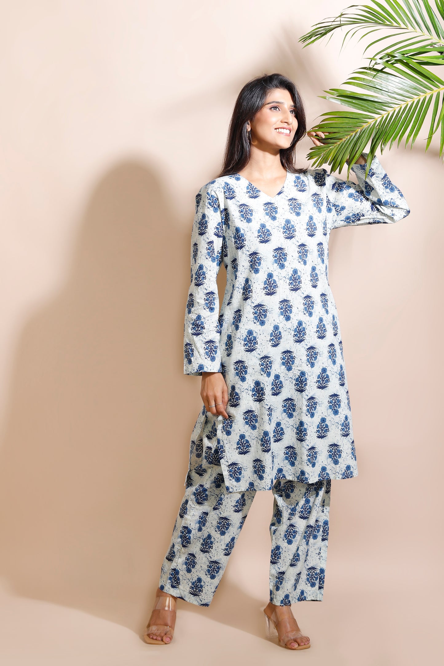 Cream Cotton Indian Motif Butta Loungewear Co-ord Set