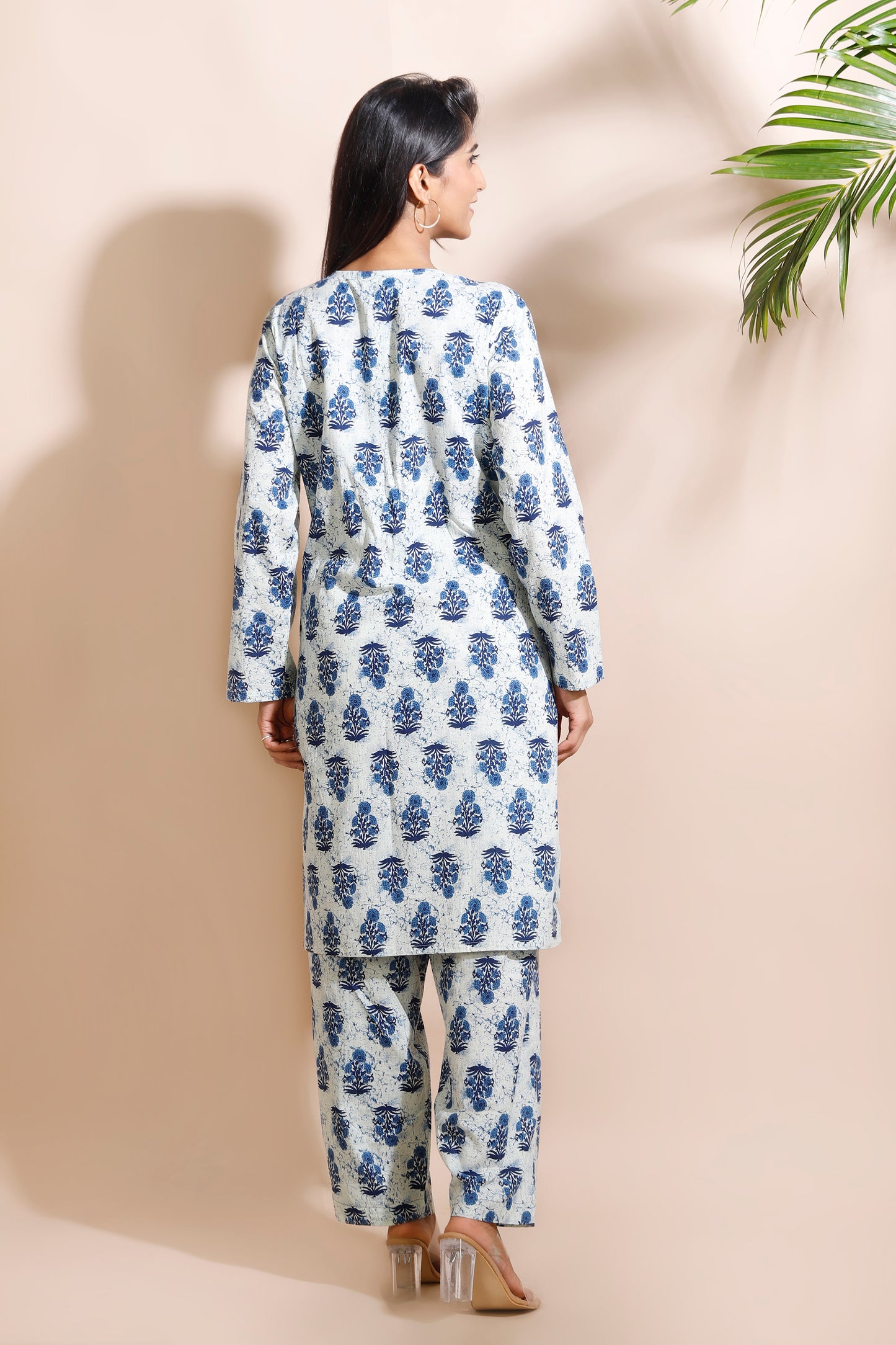 Cream Cotton Indian Motif Butta Loungewear Co-ord Set