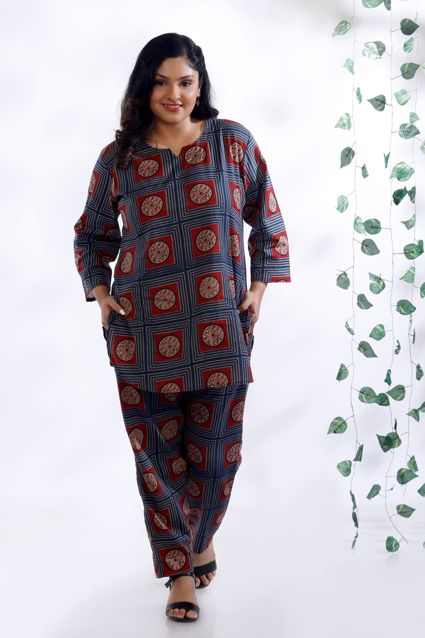 Blue Cotton Geometric Print Loungewear Co-ord Set