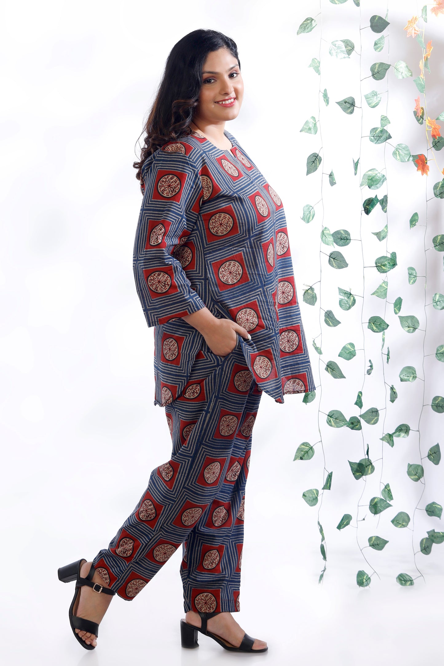 Blue Cotton Geometric Print Loungewear Co-ord Set