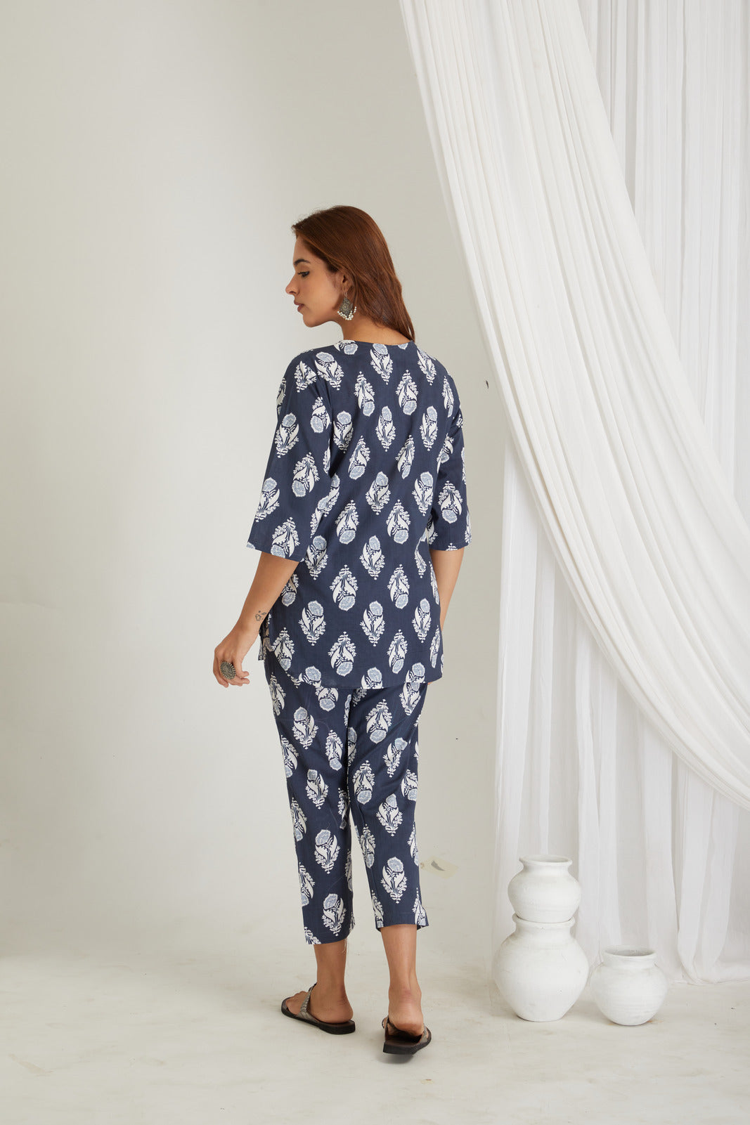 Women Cotton Printed Loungewear Kurta and Pants Co-ord Set Blue I Night Wear | Butta Print