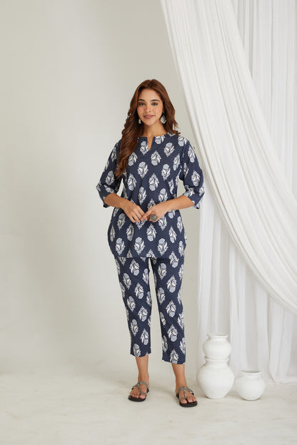 Women Cotton Printed Loungewear Kurta and Pants Co-ord Set Blue I Night Wear | Butta Print