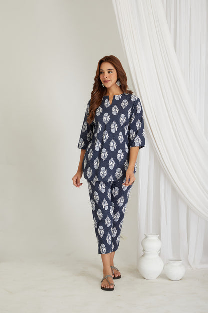 Women Cotton Printed Loungewear Kurta and Pants Co-ord Set Blue I Night Wear | Butta Print