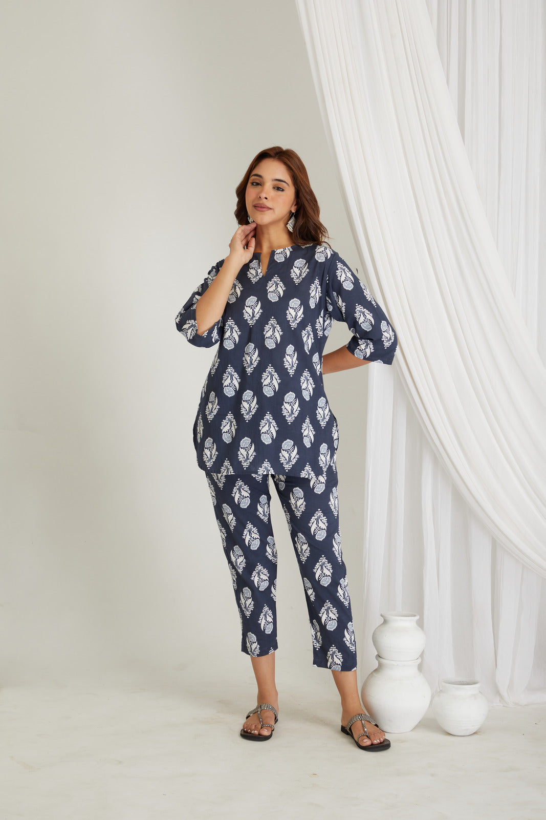 Women Cotton Printed Loungewear Kurta and Pants Co-ord Set Blue I Night Wear | Butta Print