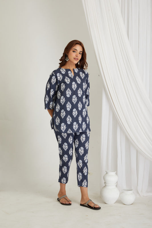 Women Cotton Printed Loungewear Kurta and Pants Co-ord Set Blue I Night Wear | Butta Print