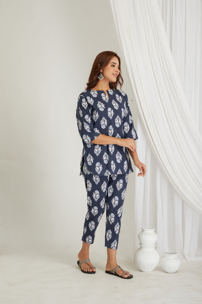 Women Cotton Printed Loungewear Kurta and Pants Co-ord Set Blue I Night Wear | Butta Print